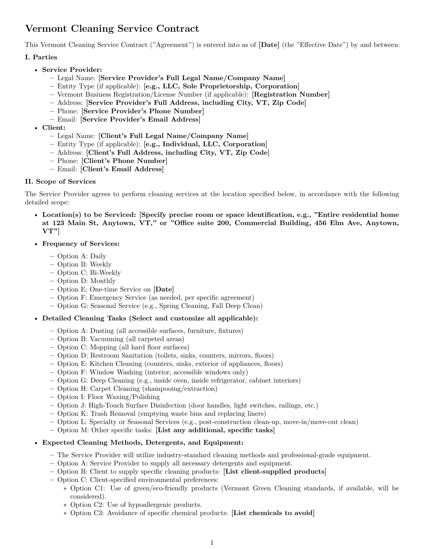 Preview page 1 of Pro Vermont cleaning service contract template
