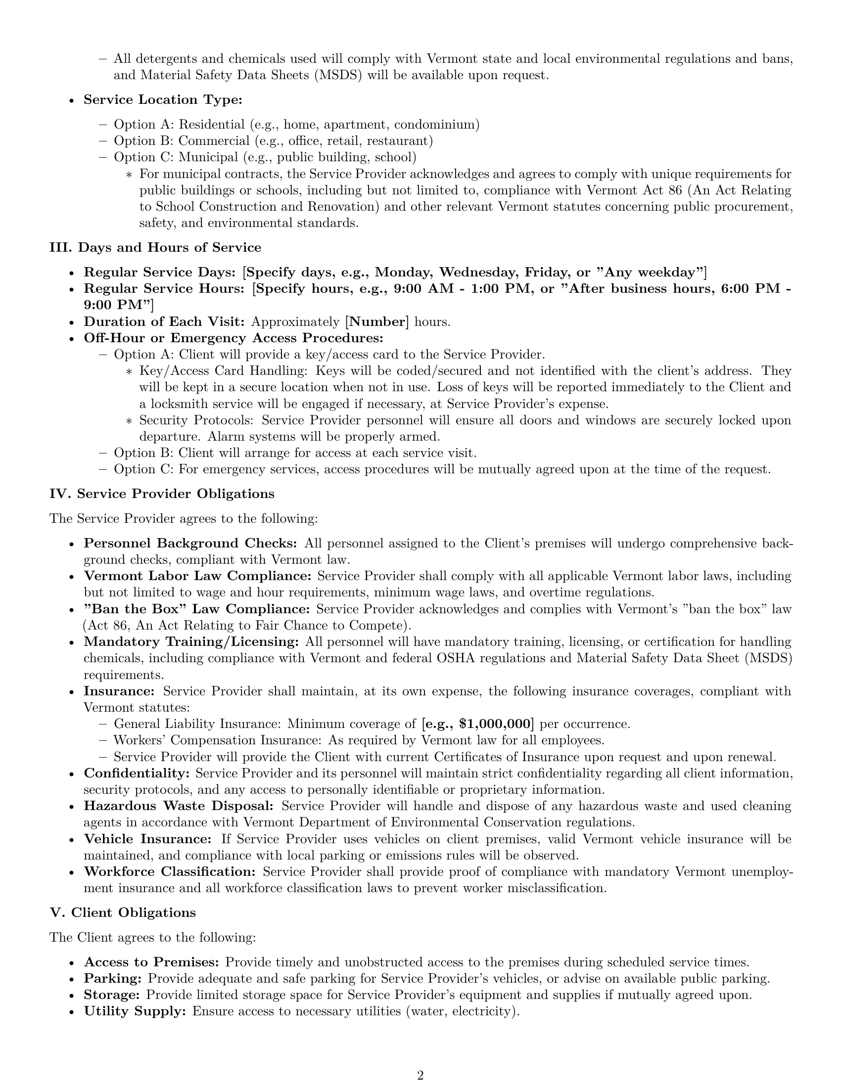 Preview page 2 of Pro Vermont cleaning service contract template