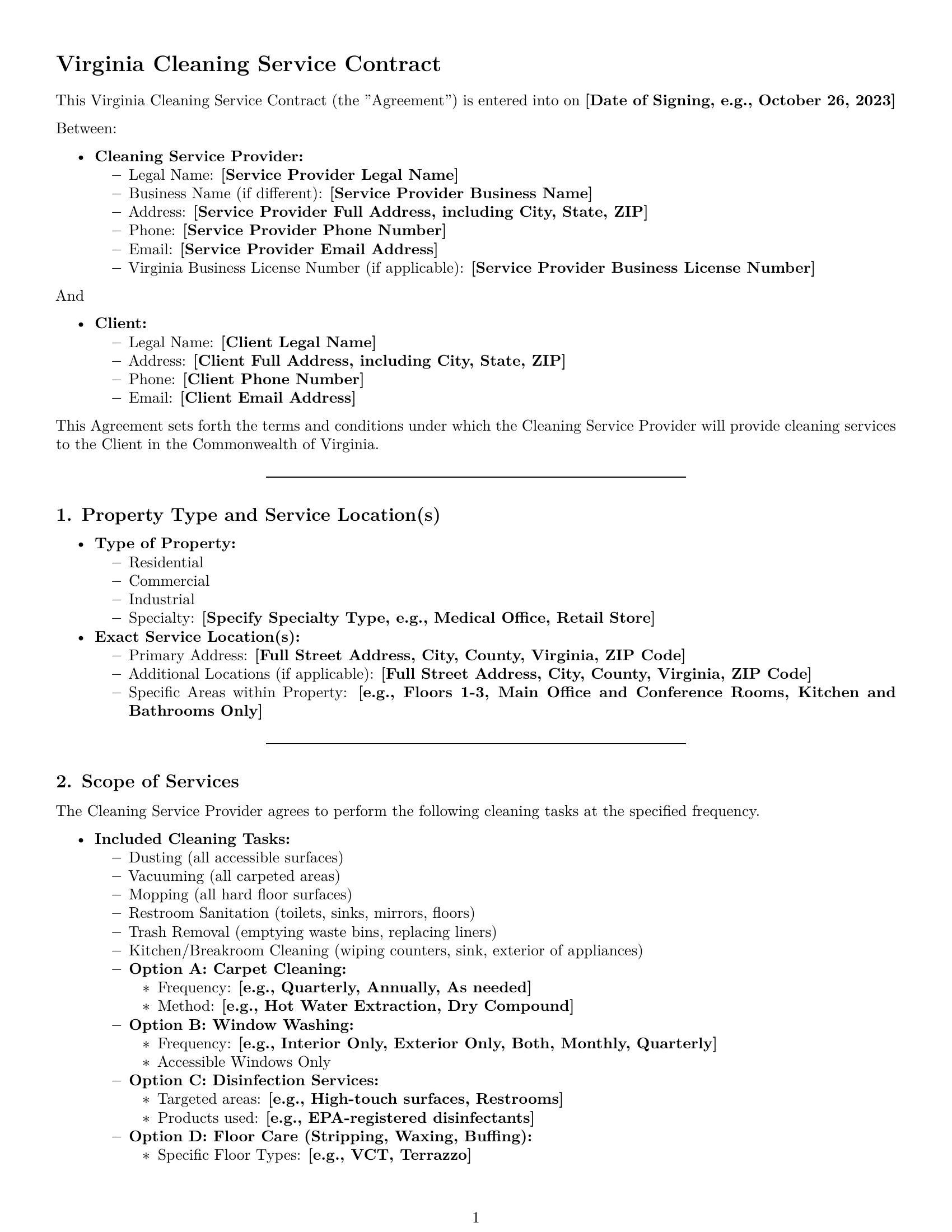 Preview page 1 of Pro Virginia cleaning service contract template
