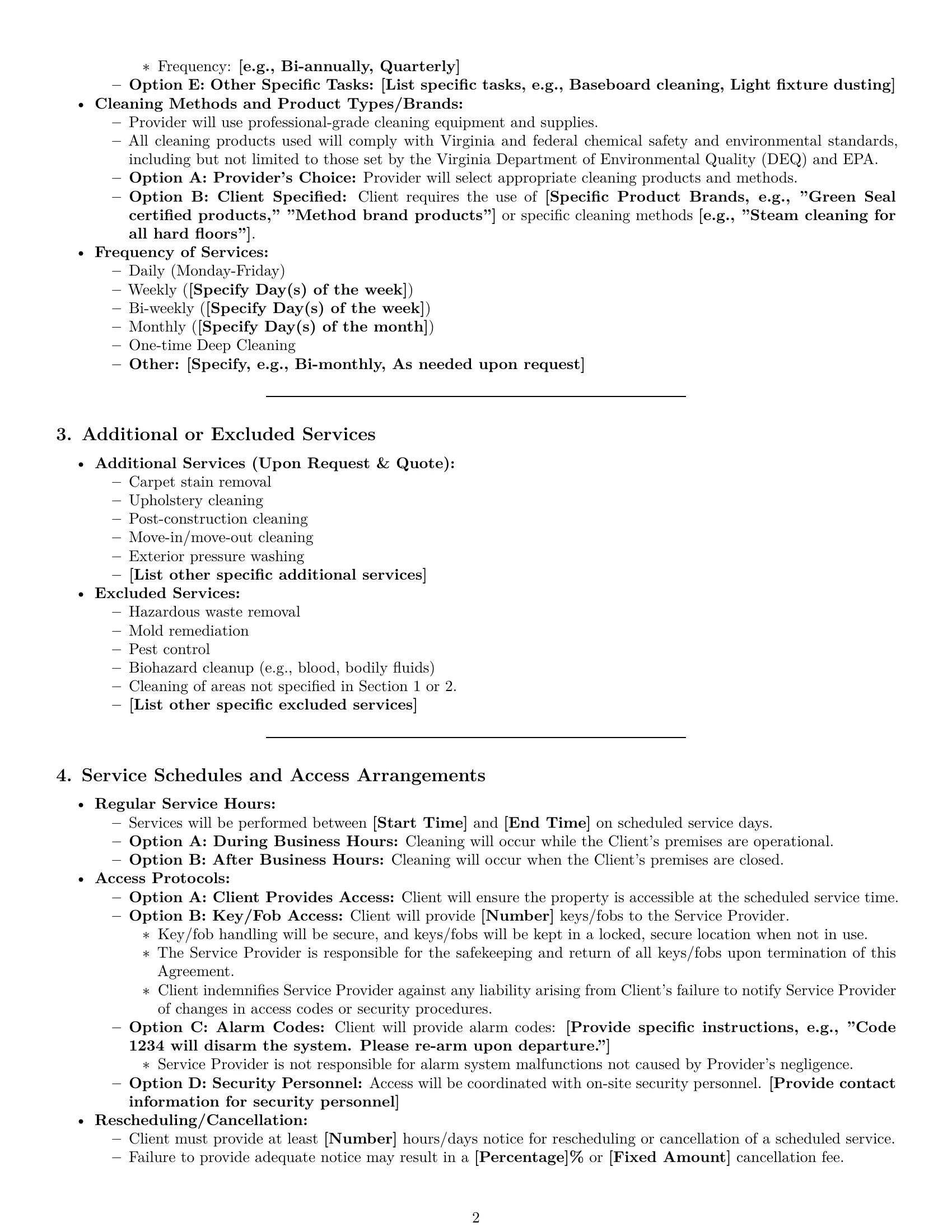 Preview page 2 of Pro Virginia cleaning service contract template