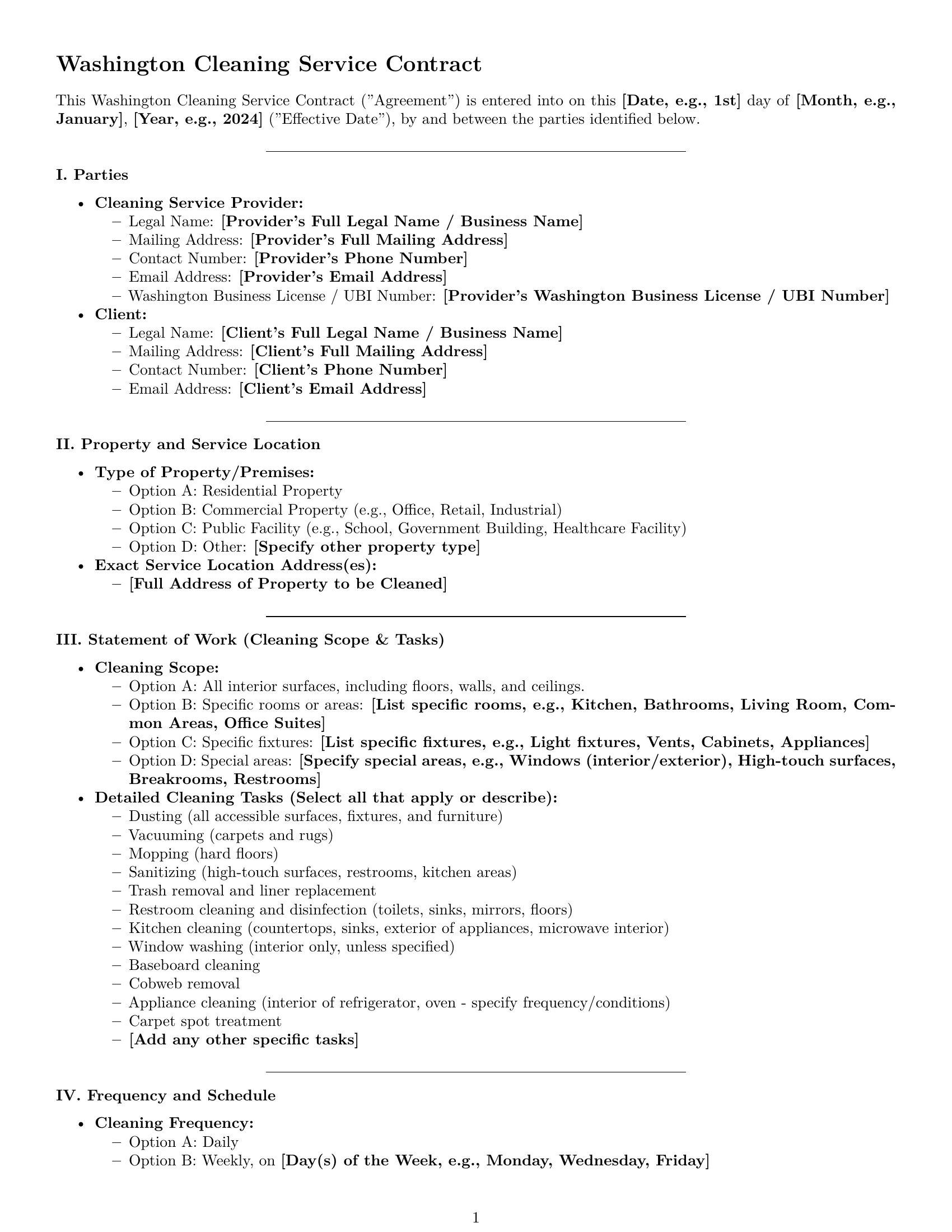 Preview page 1 of Pro Washington cleaning service contract template
