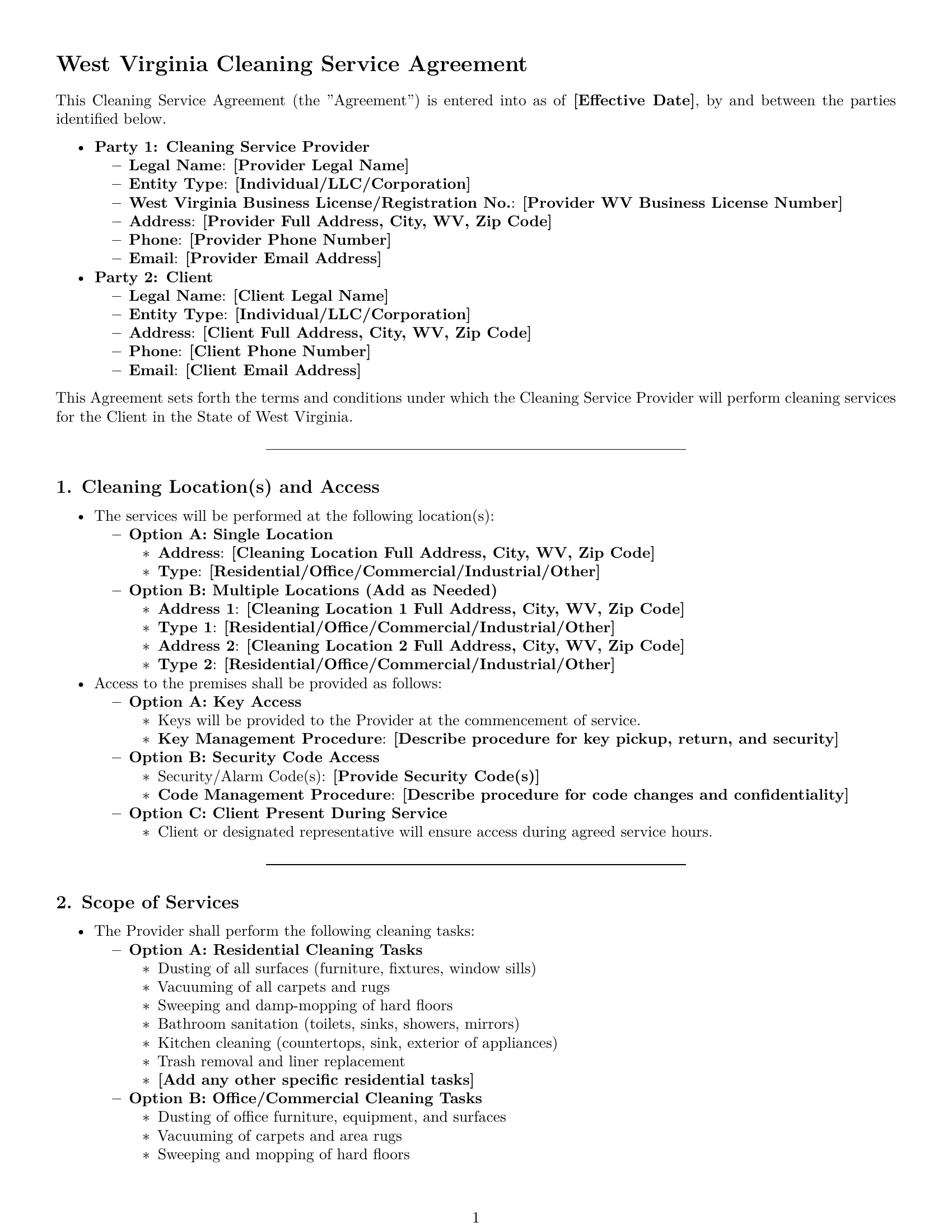 Preview page 1 of Pro West Virginia cleaning service contract template
