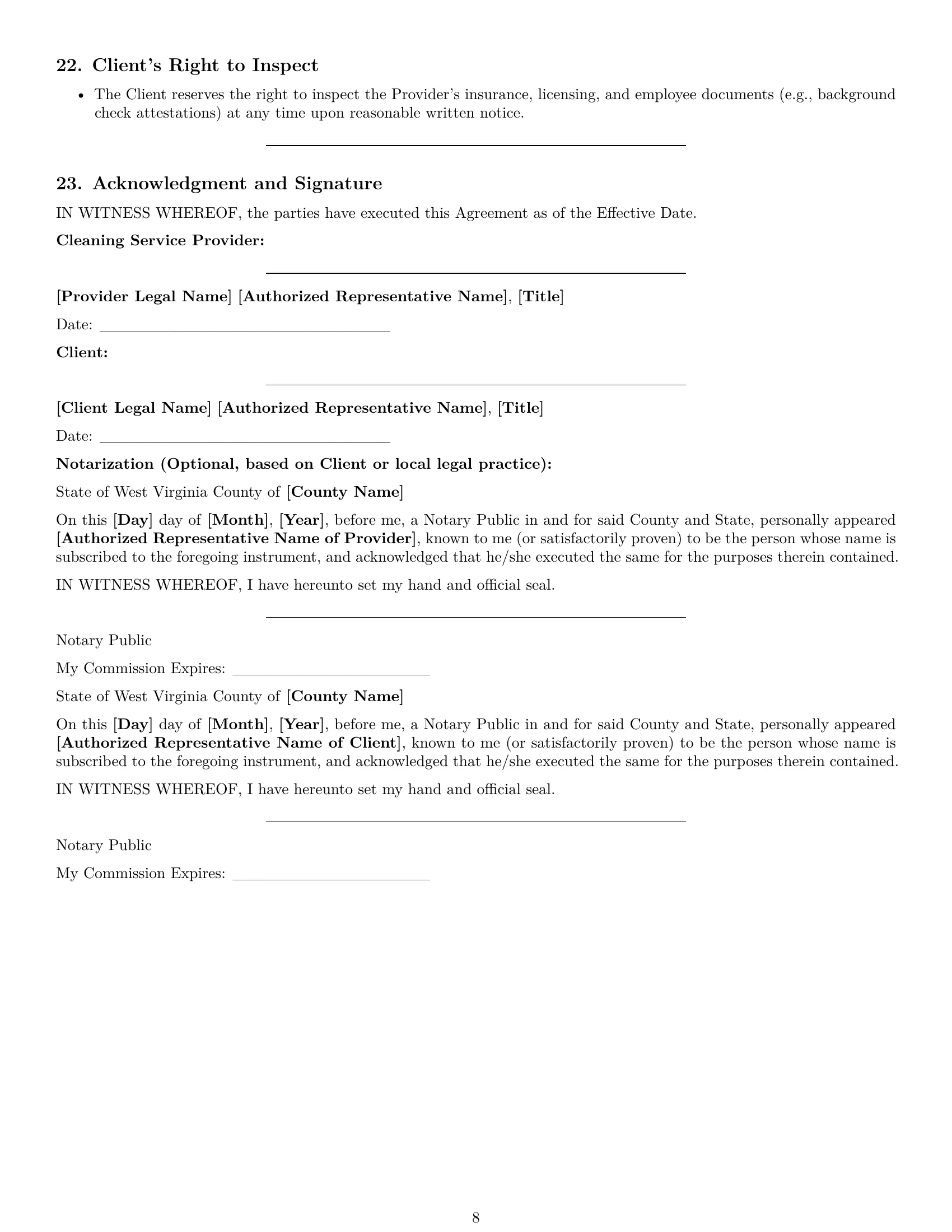Preview page 8 of Pro West Virginia cleaning service contract template