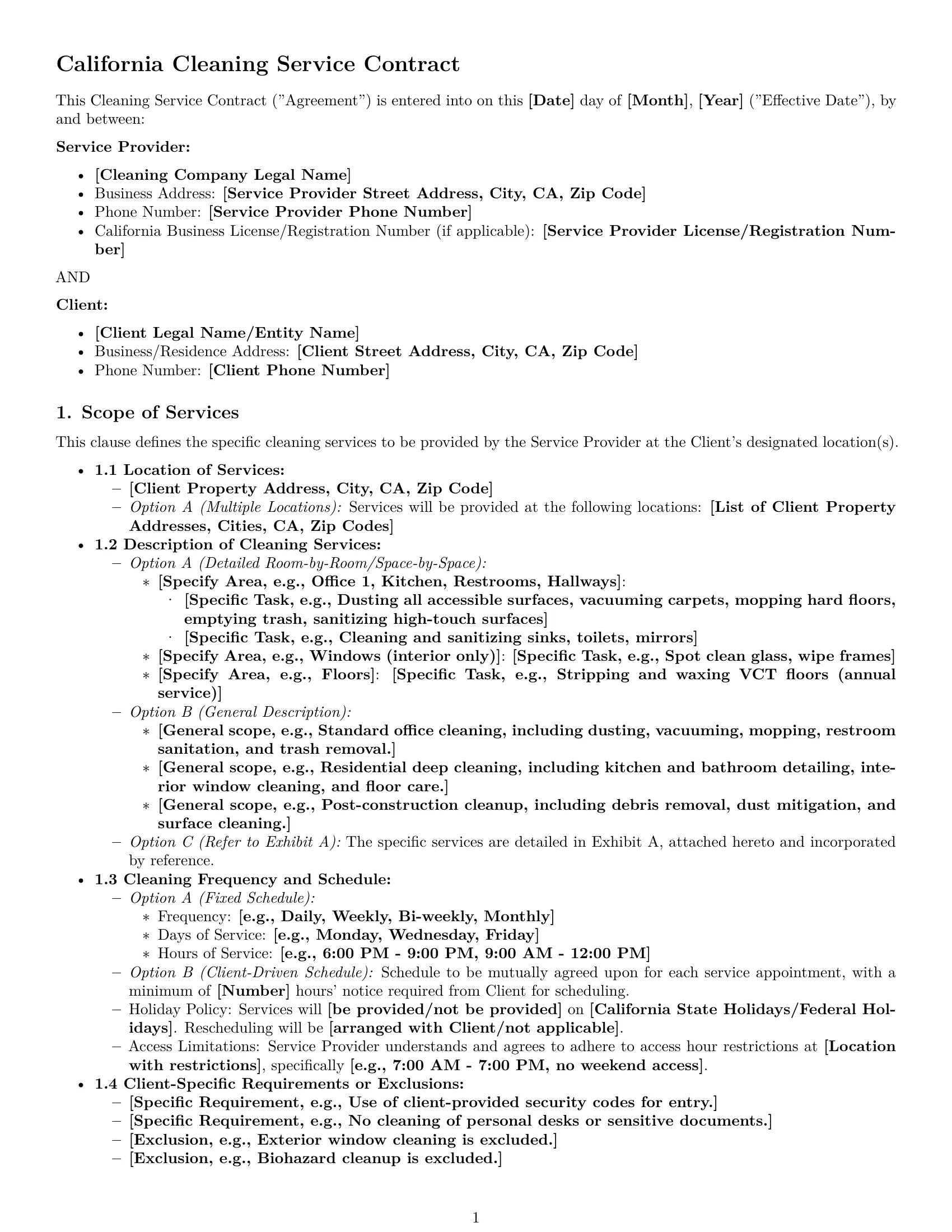 Preview page 1 of Pro California cleaning service contract template