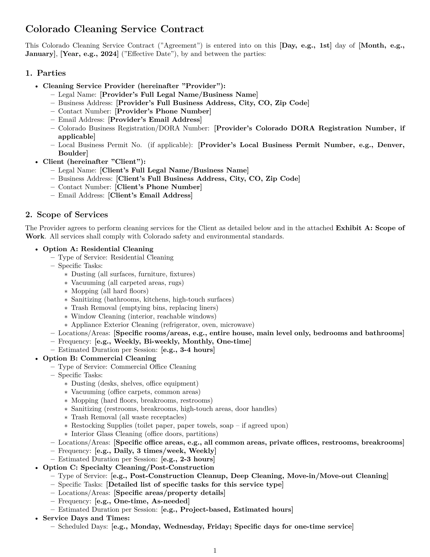 Preview page 1 of Pro Colorado cleaning service contract template