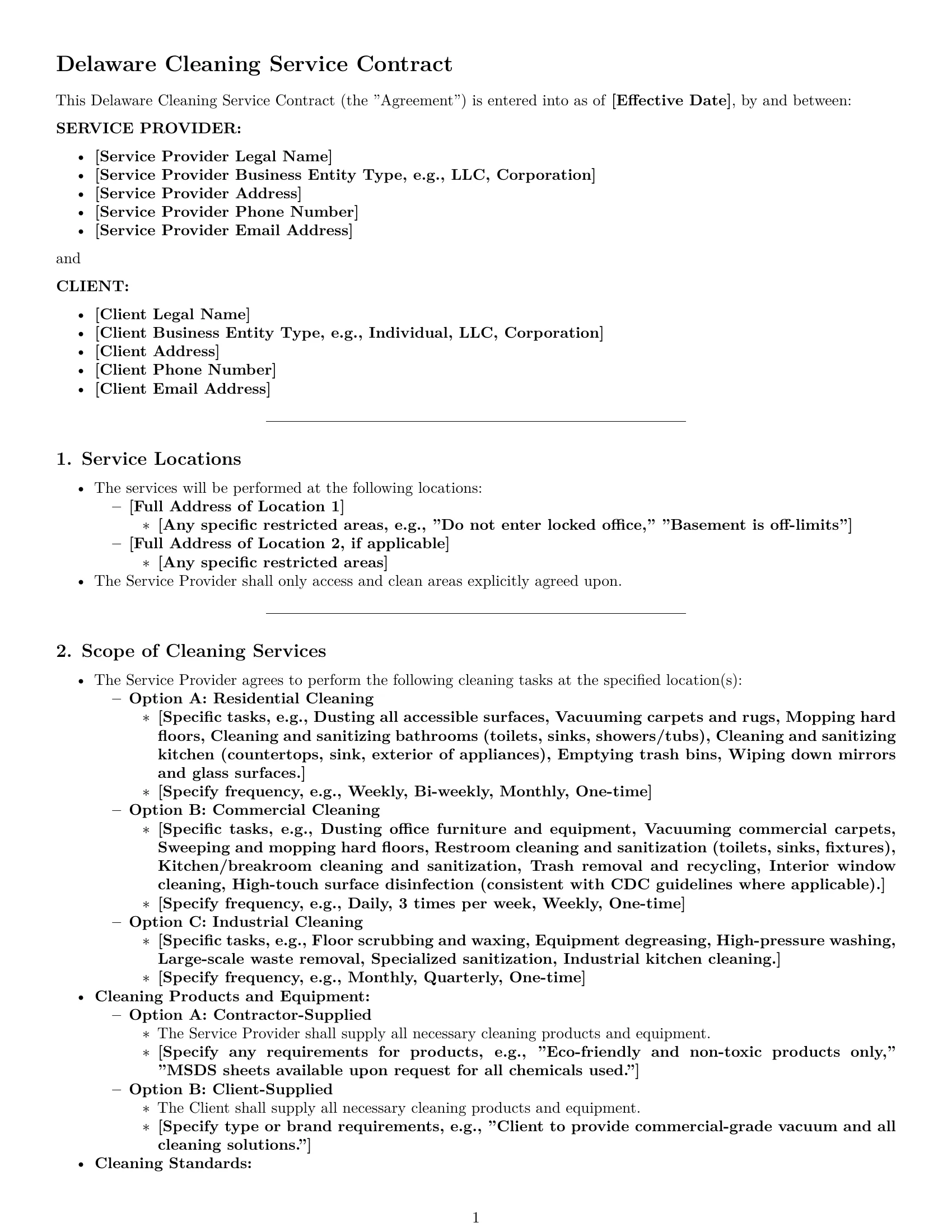 Preview page 1 of Pro Delaware cleaning service contract template
