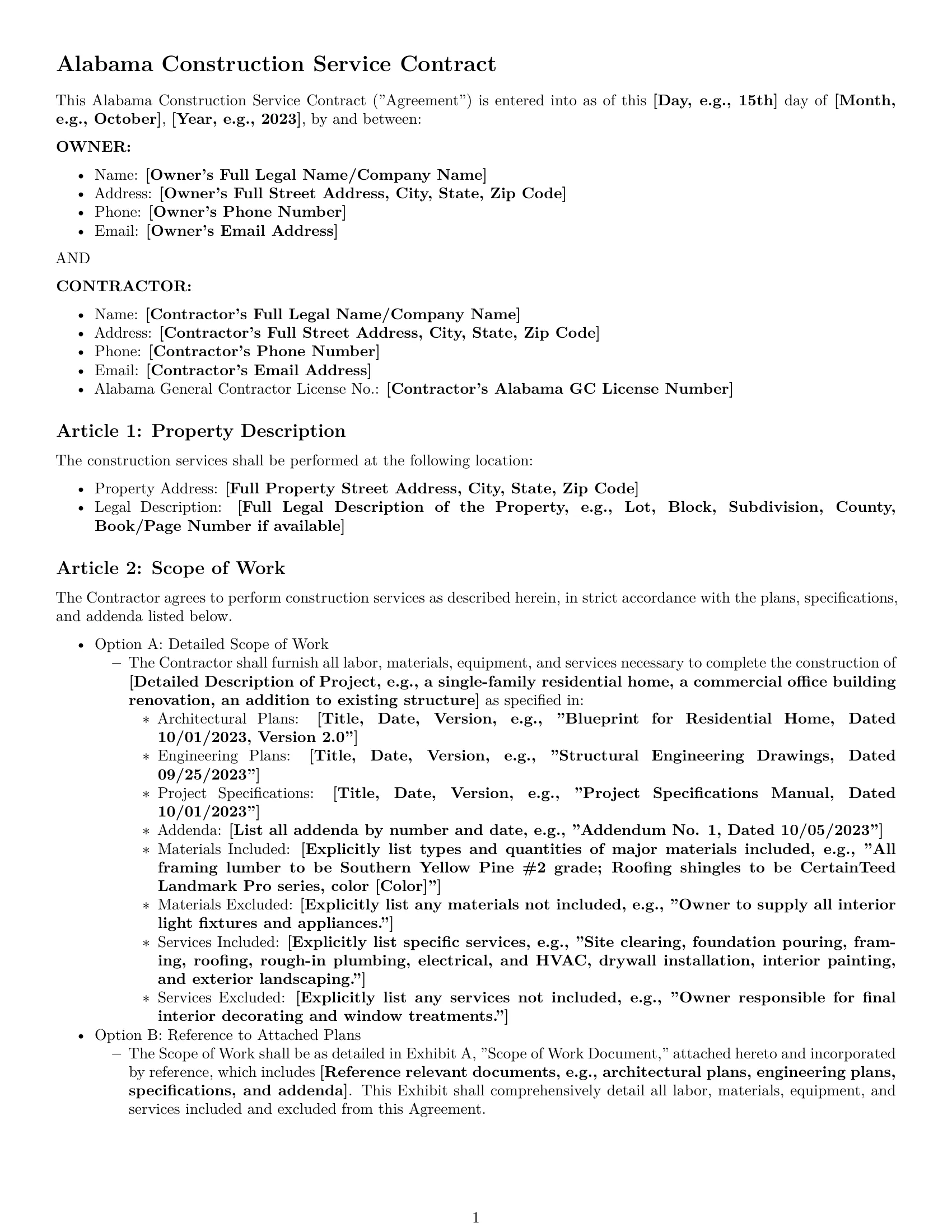 Preview page 1 of Pro Alabama construction service contract template