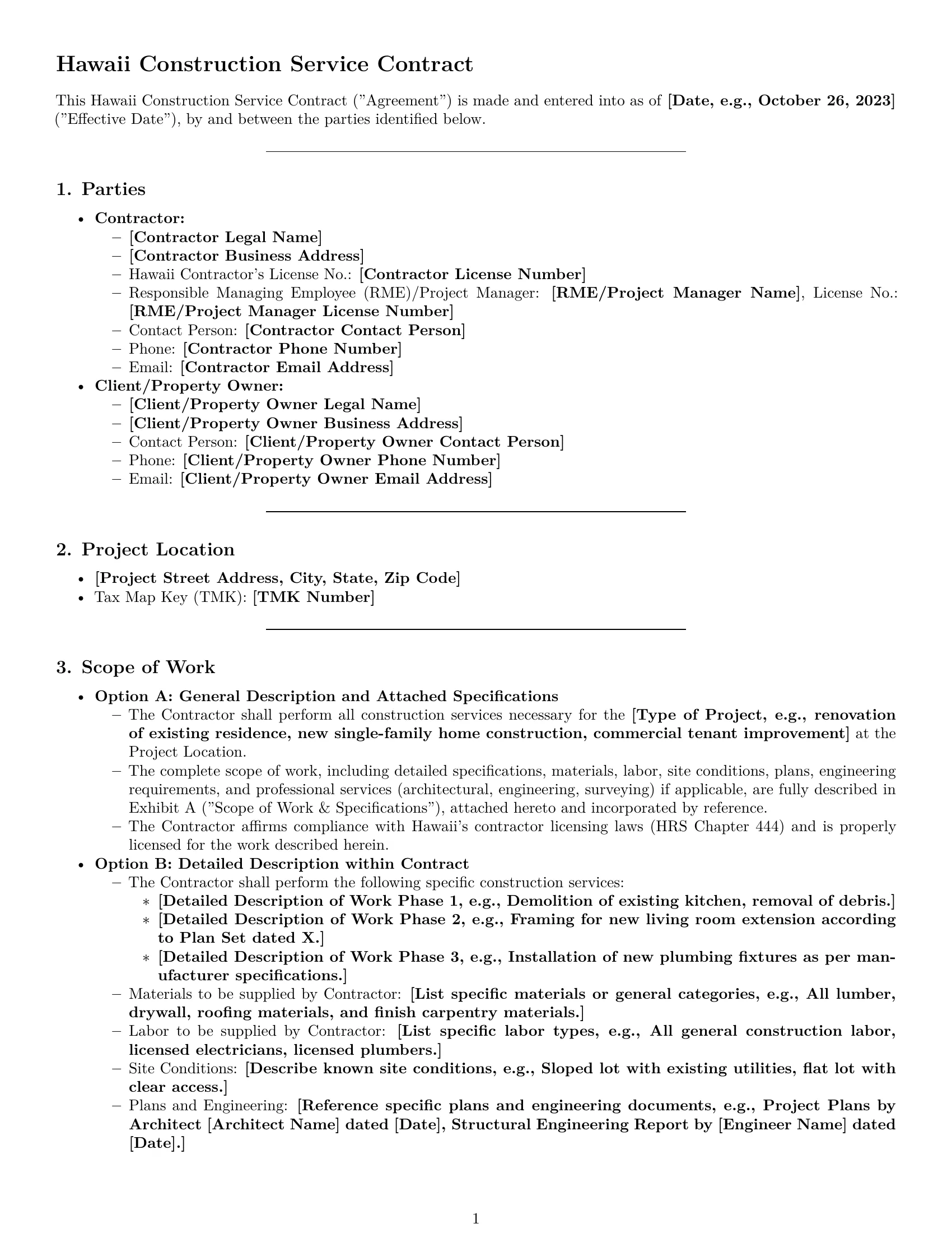 Preview page 1 of Pro Hawaii construction service contract template
