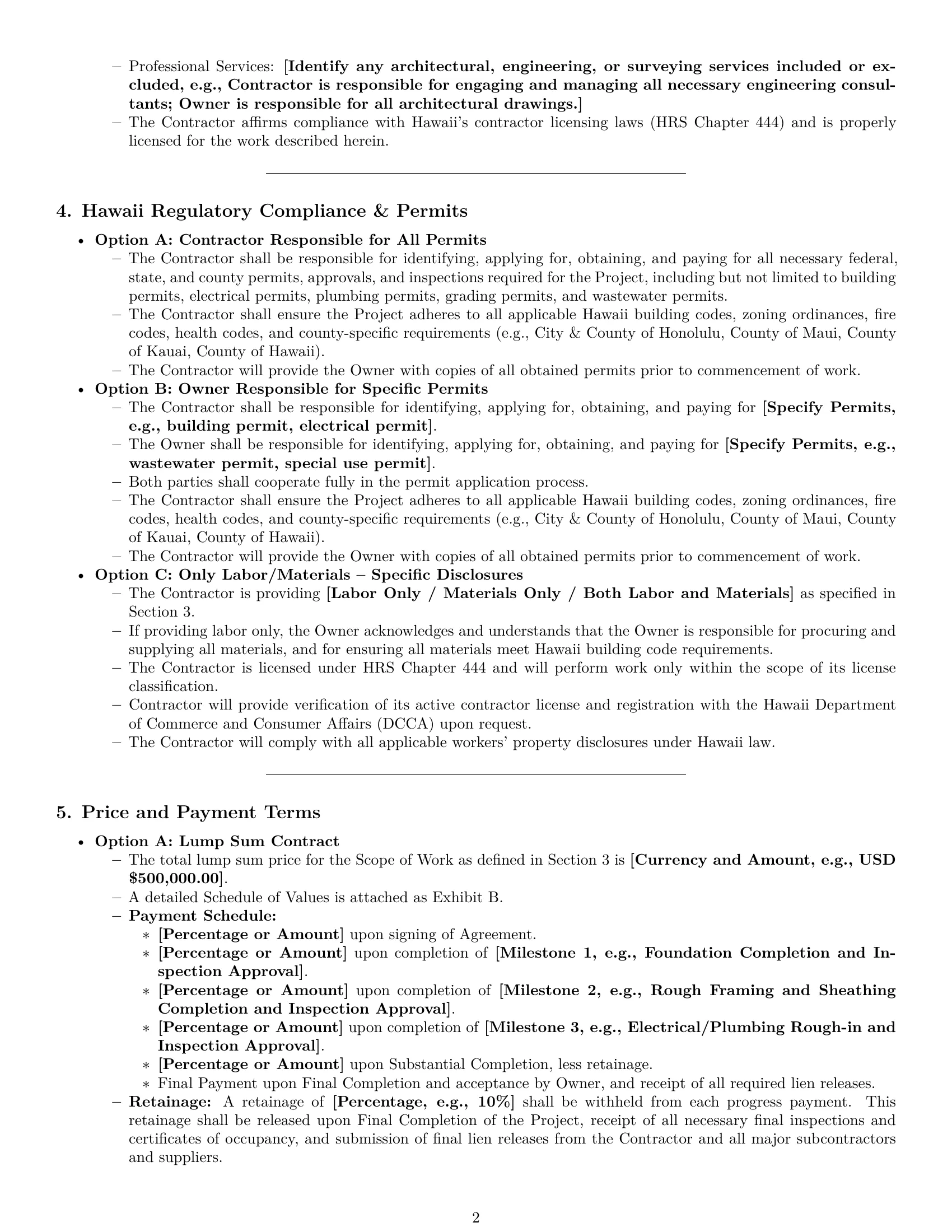 Preview page 2 of Pro Hawaii construction service contract template