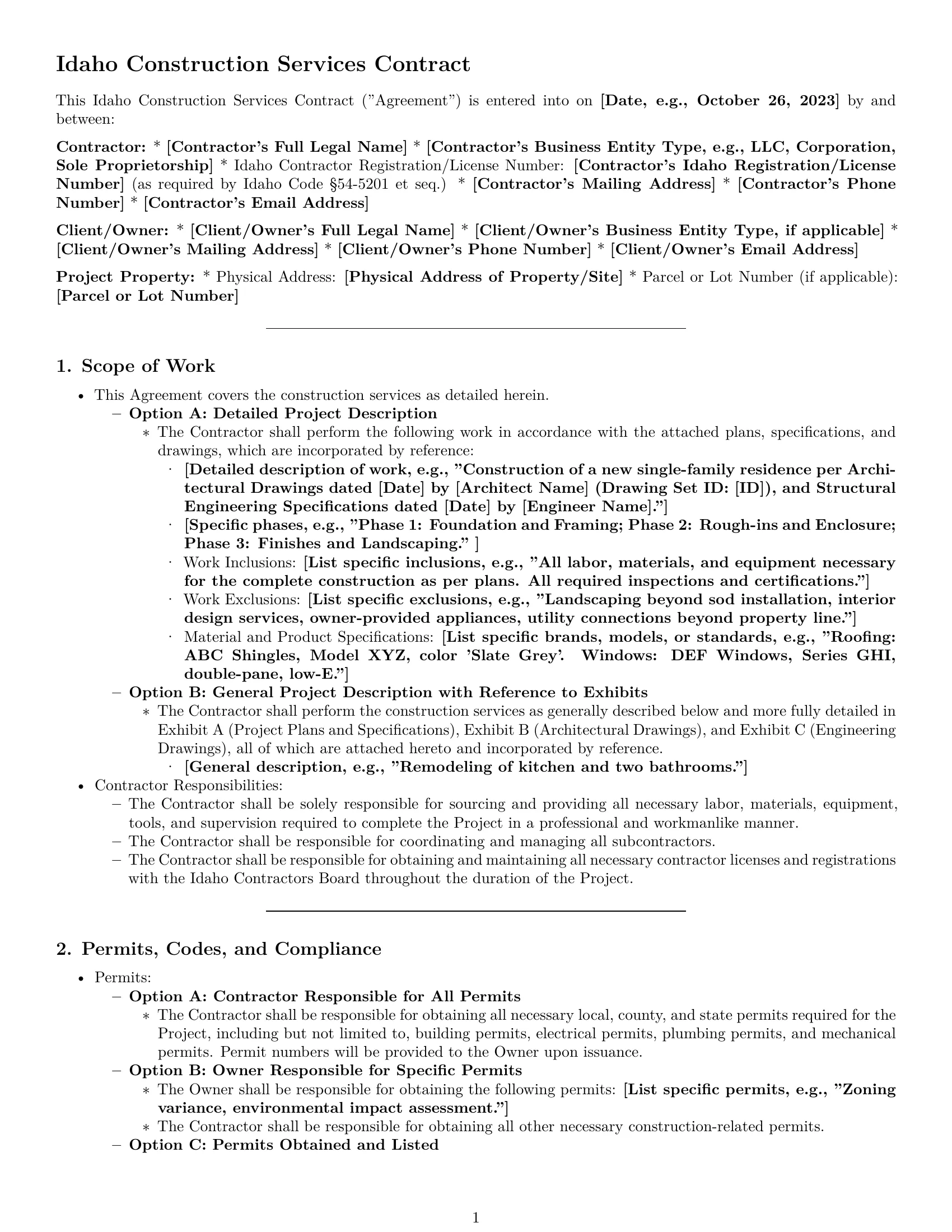 Preview page 1 of Pro Idaho construction service contract template