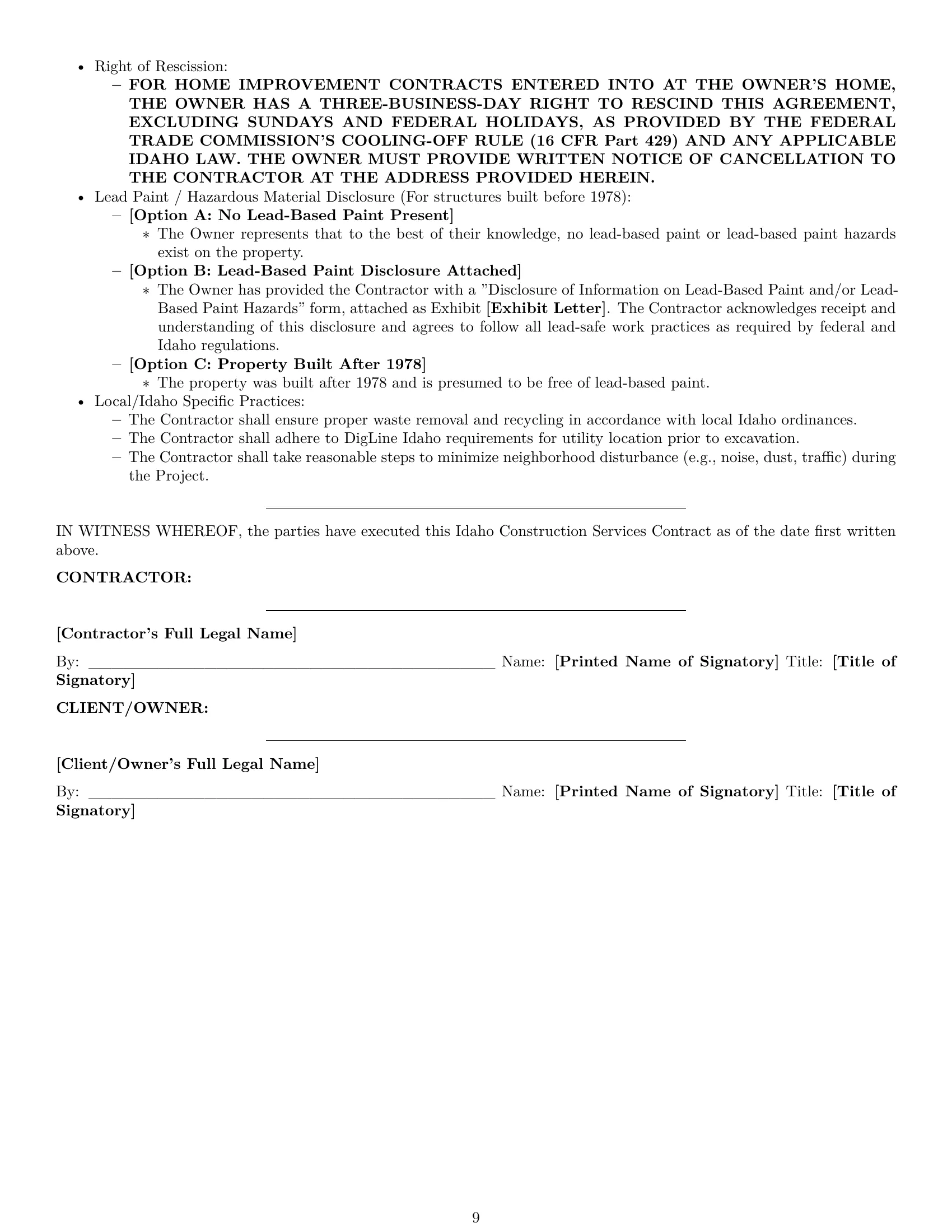 Preview page 9 of Pro Idaho construction service contract template