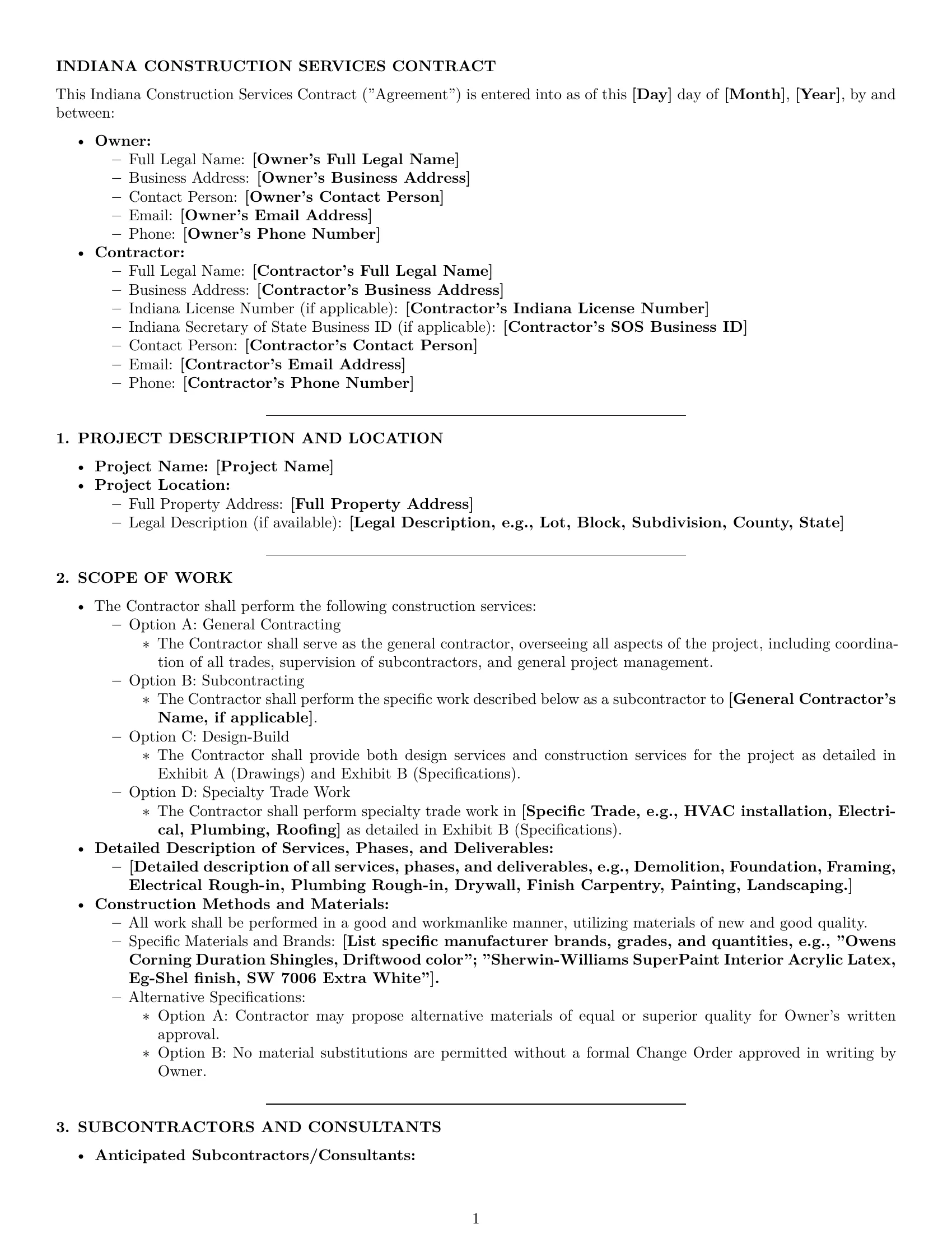 Preview page 1 of Pro Indiana construction service contract template