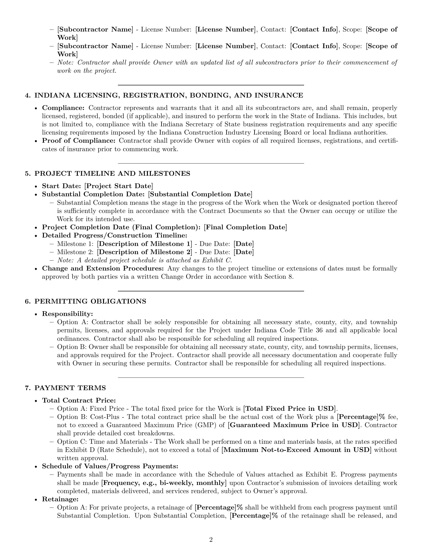 Preview page 2 of Pro Indiana construction service contract template