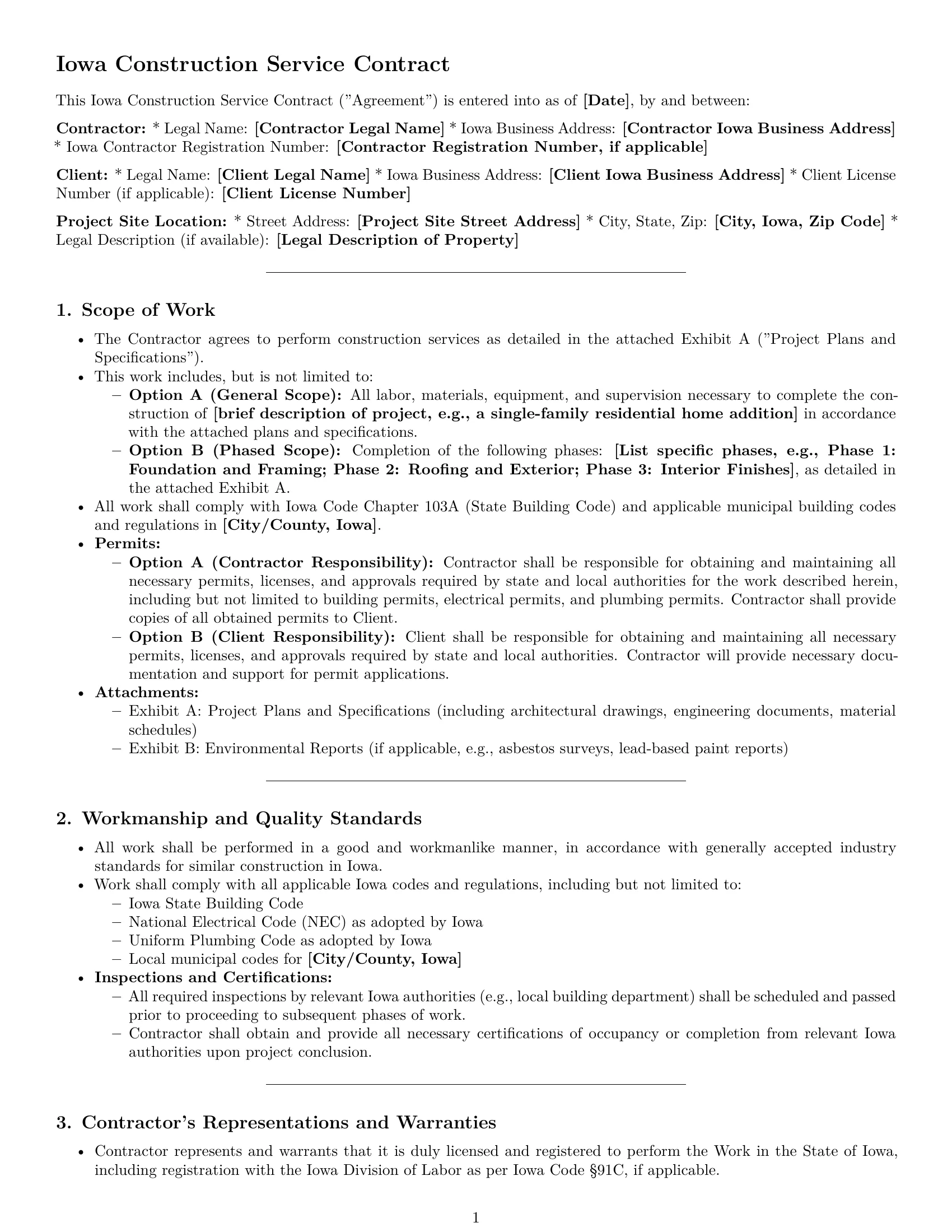 Preview page 1 of Pro Iowa construction service contract template