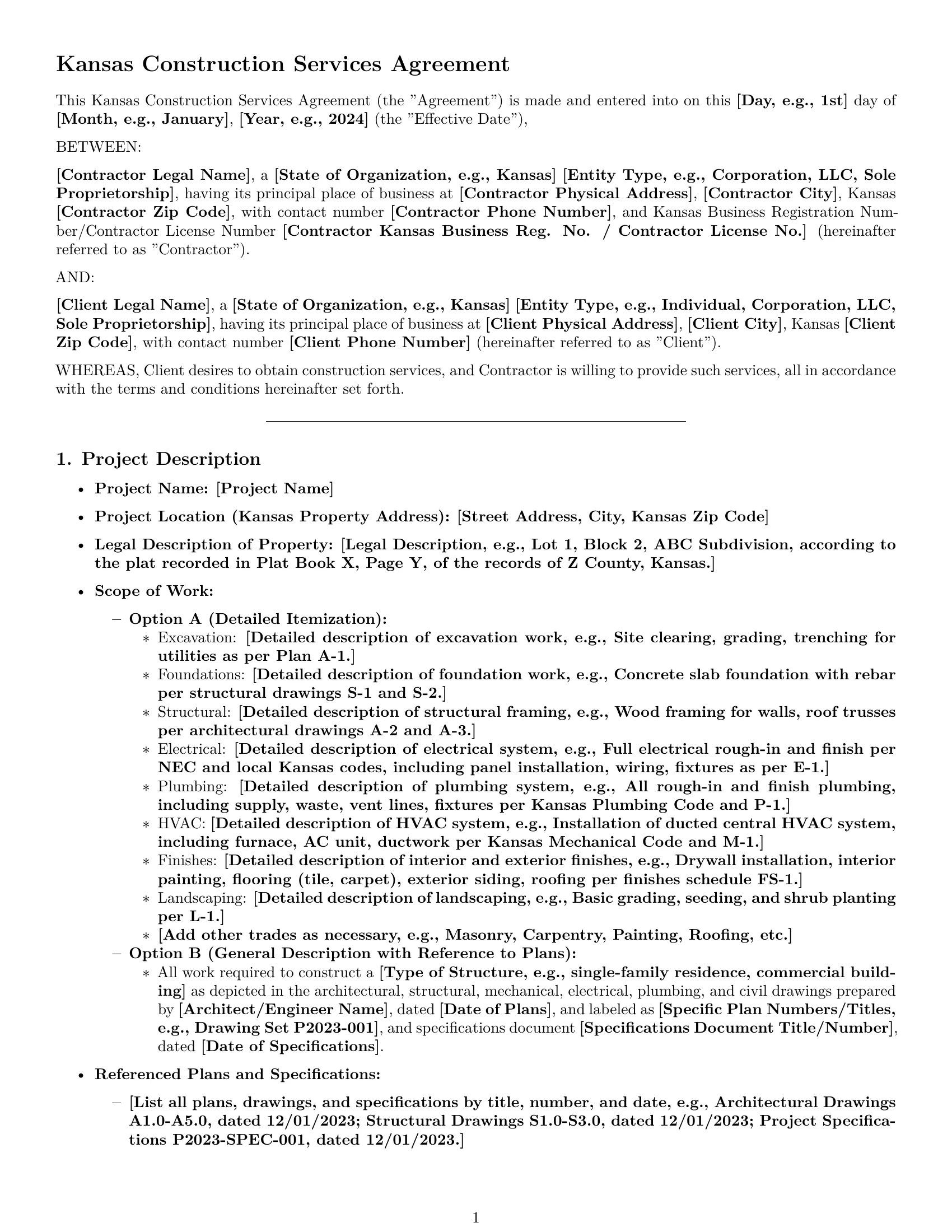 Preview page 1 of Pro Kansas construction service contract template