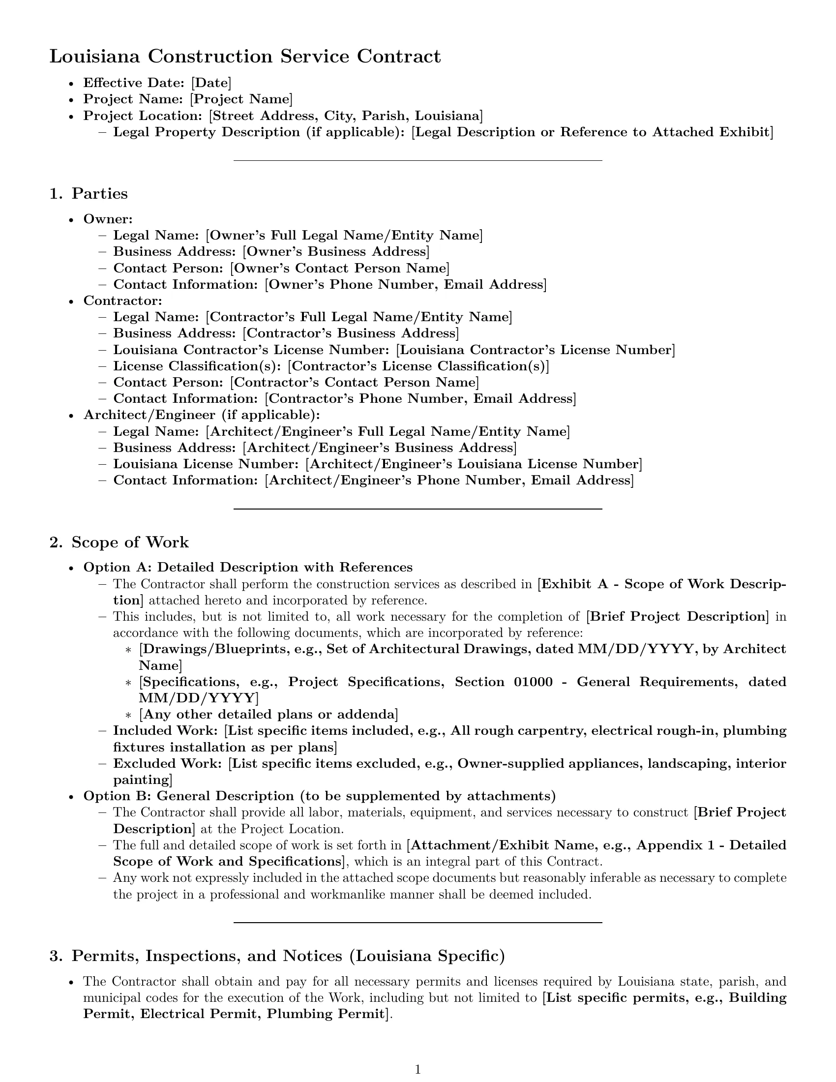 Preview page 1 of Pro Louisiana construction service contract template