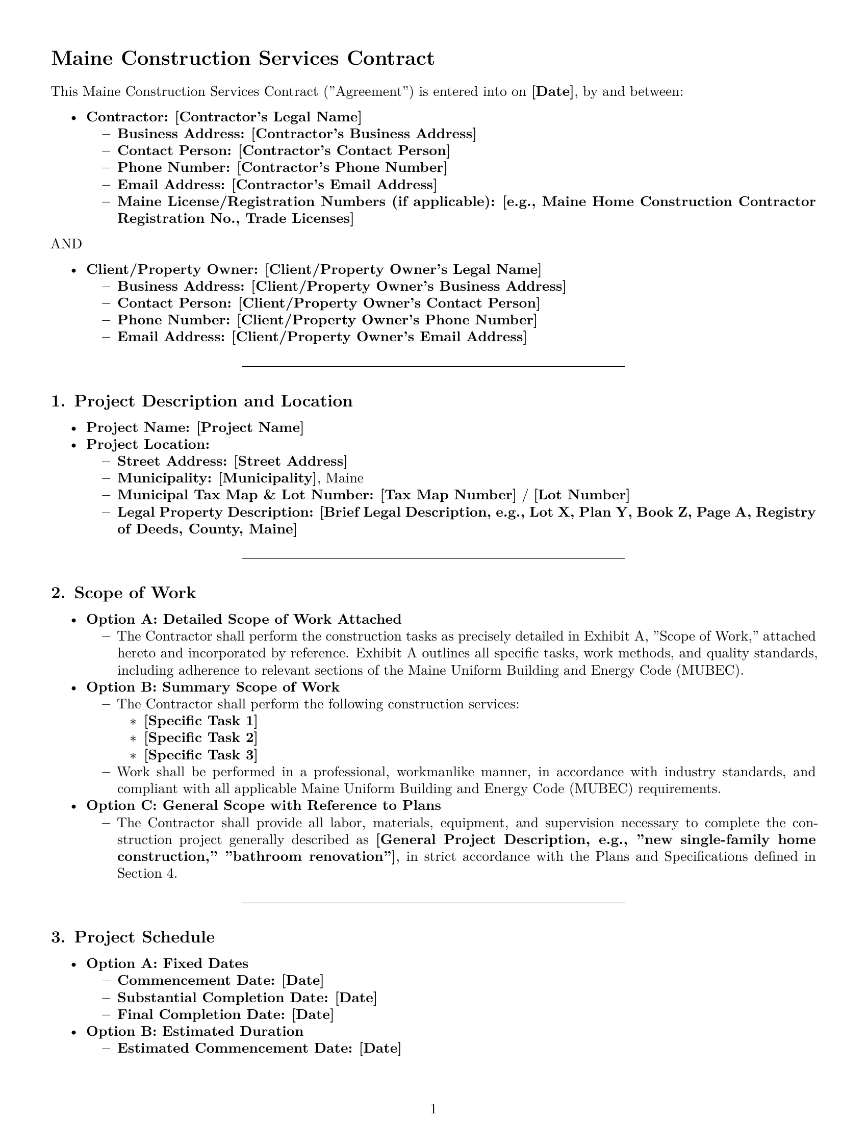 Preview page 1 of Pro Maine construction service contract template