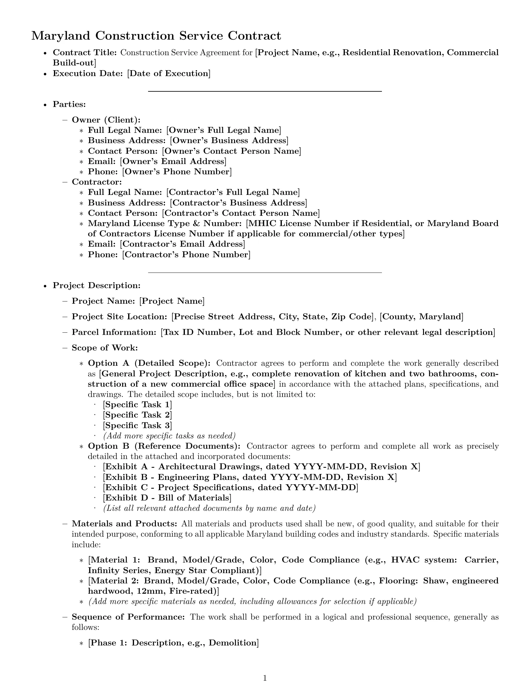 Preview page 1 of Pro Maryland construction service contract template