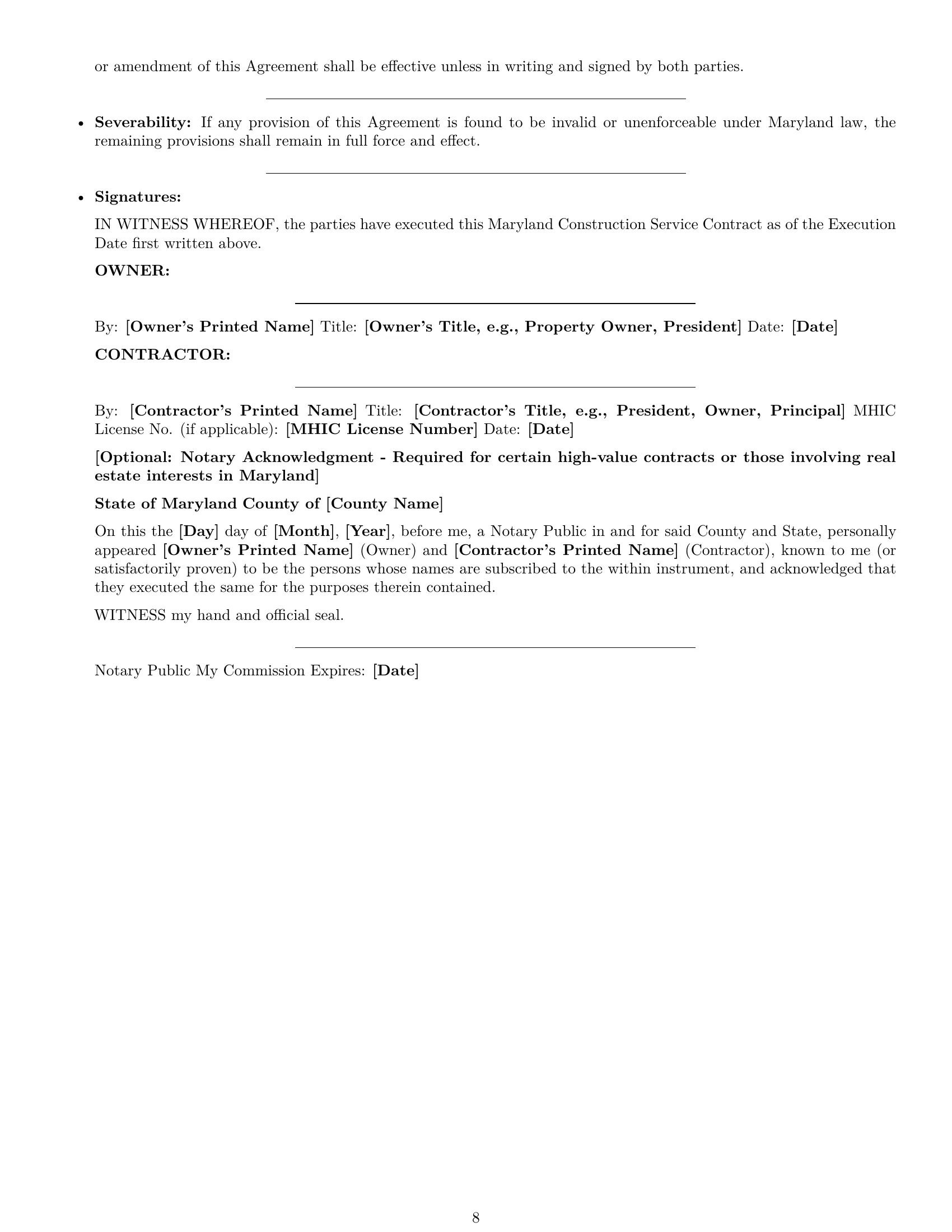 Preview page 8 of Pro Maryland construction service contract template
