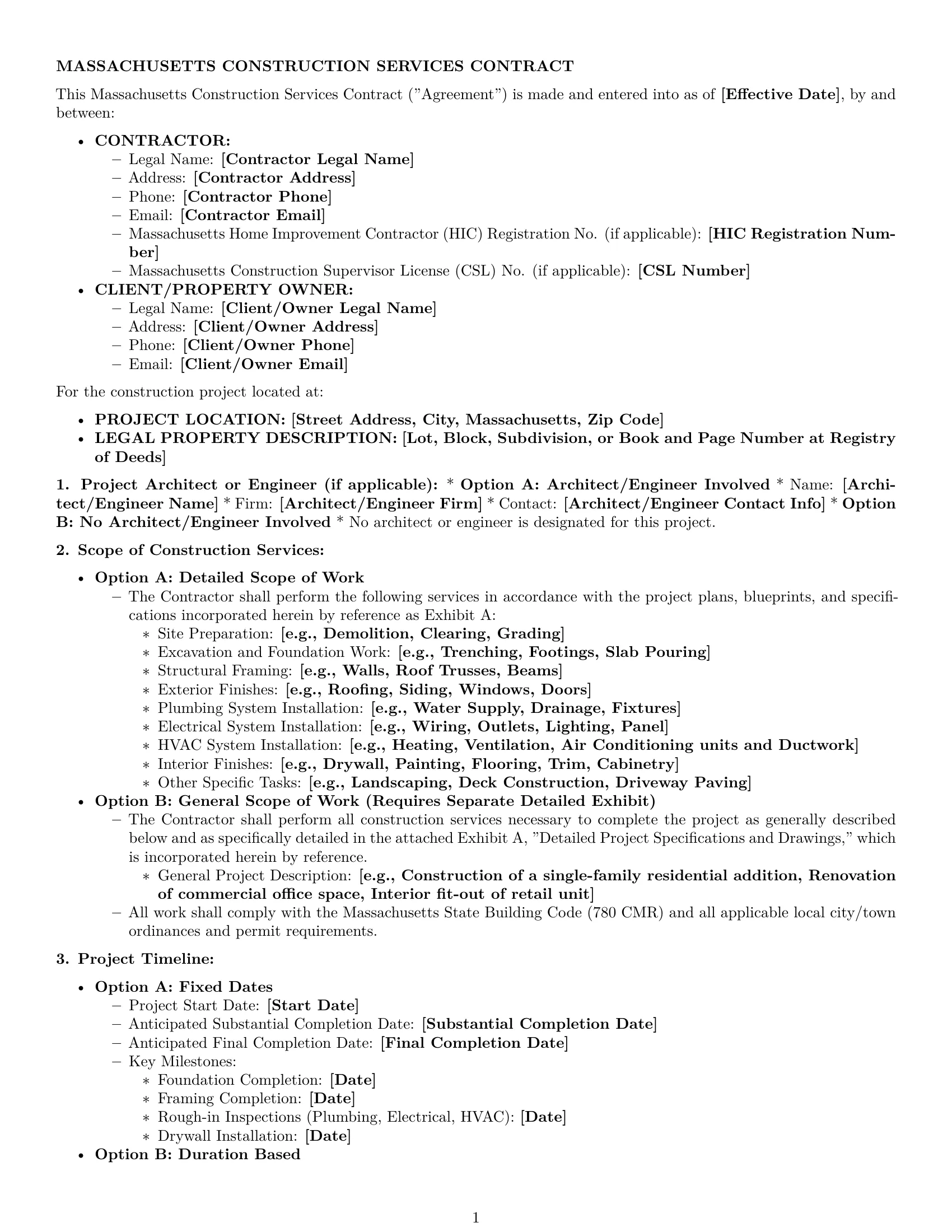 Preview page 1 of Pro Massachusetts construction service contract template