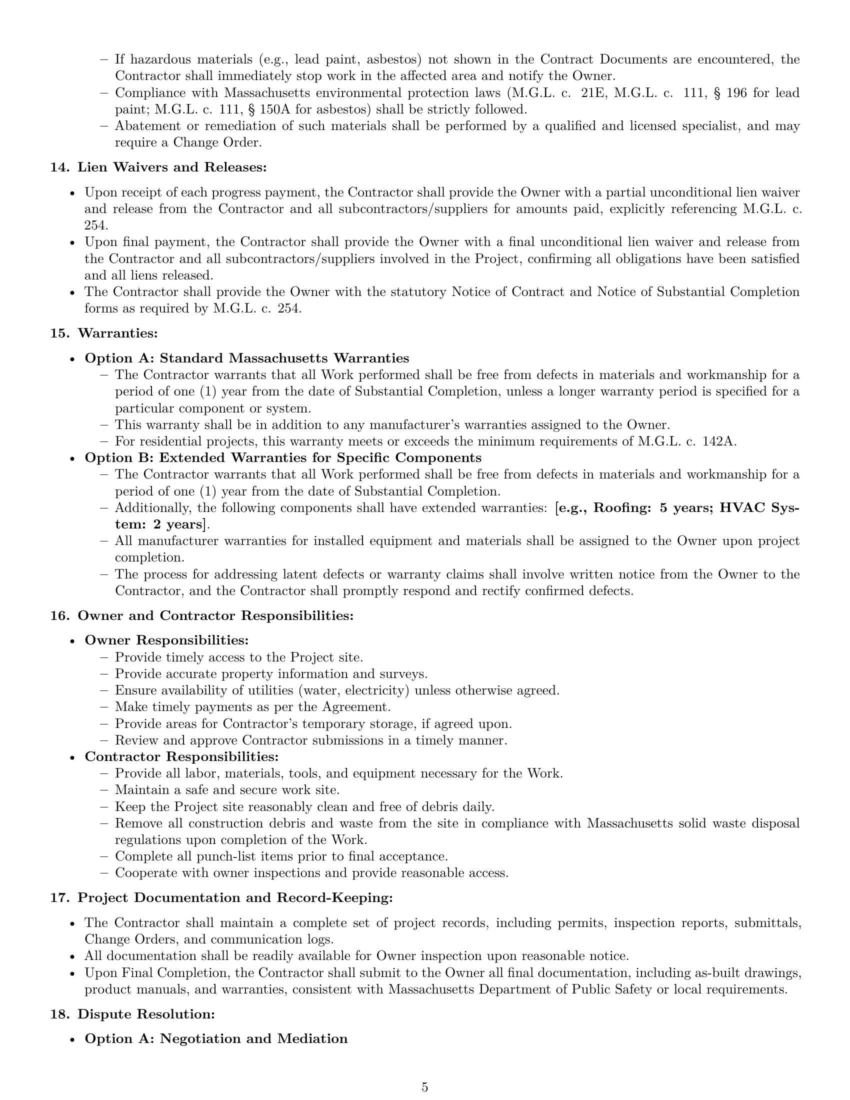 Preview page 5 of Pro Massachusetts construction service contract template