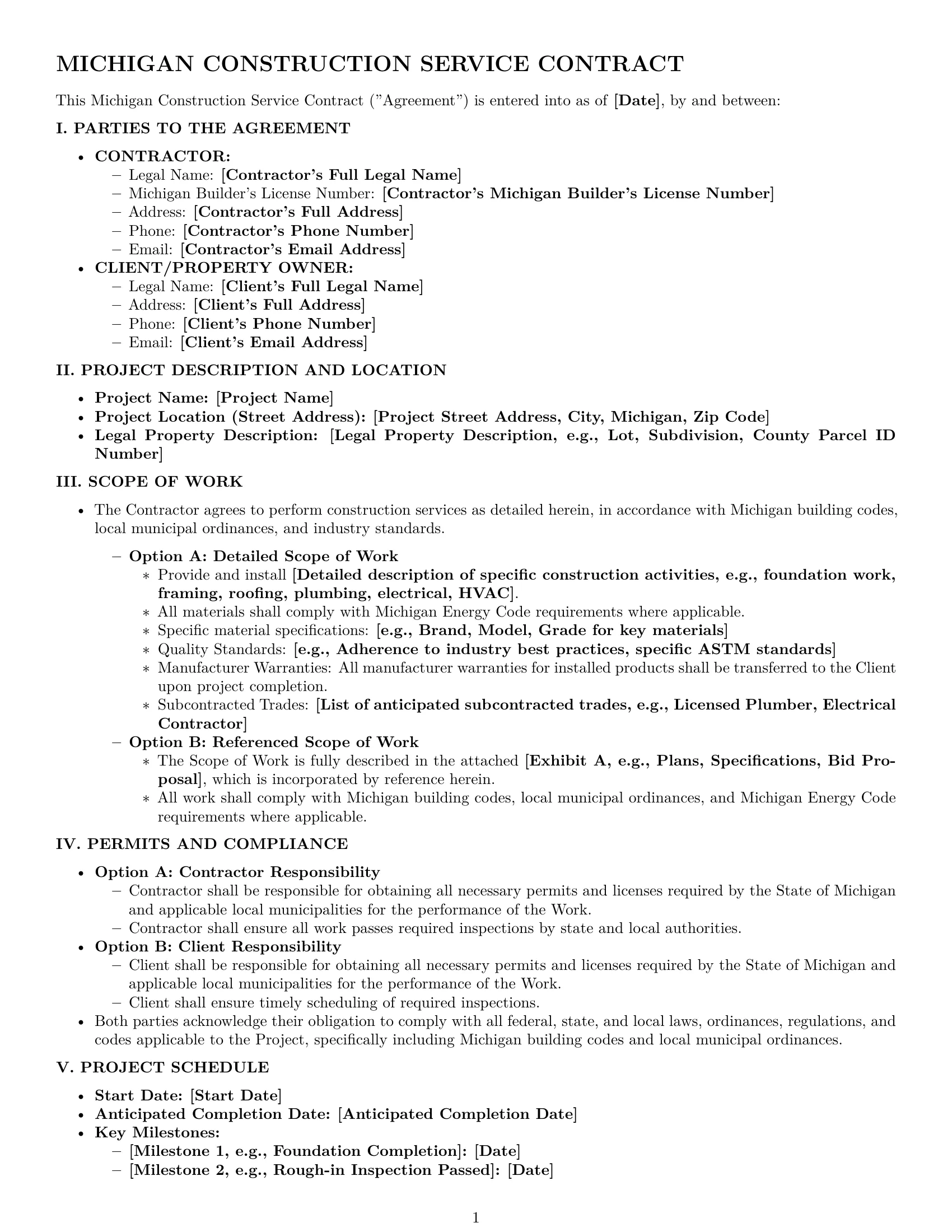 Preview page 1 of Pro Michigan construction service contract template