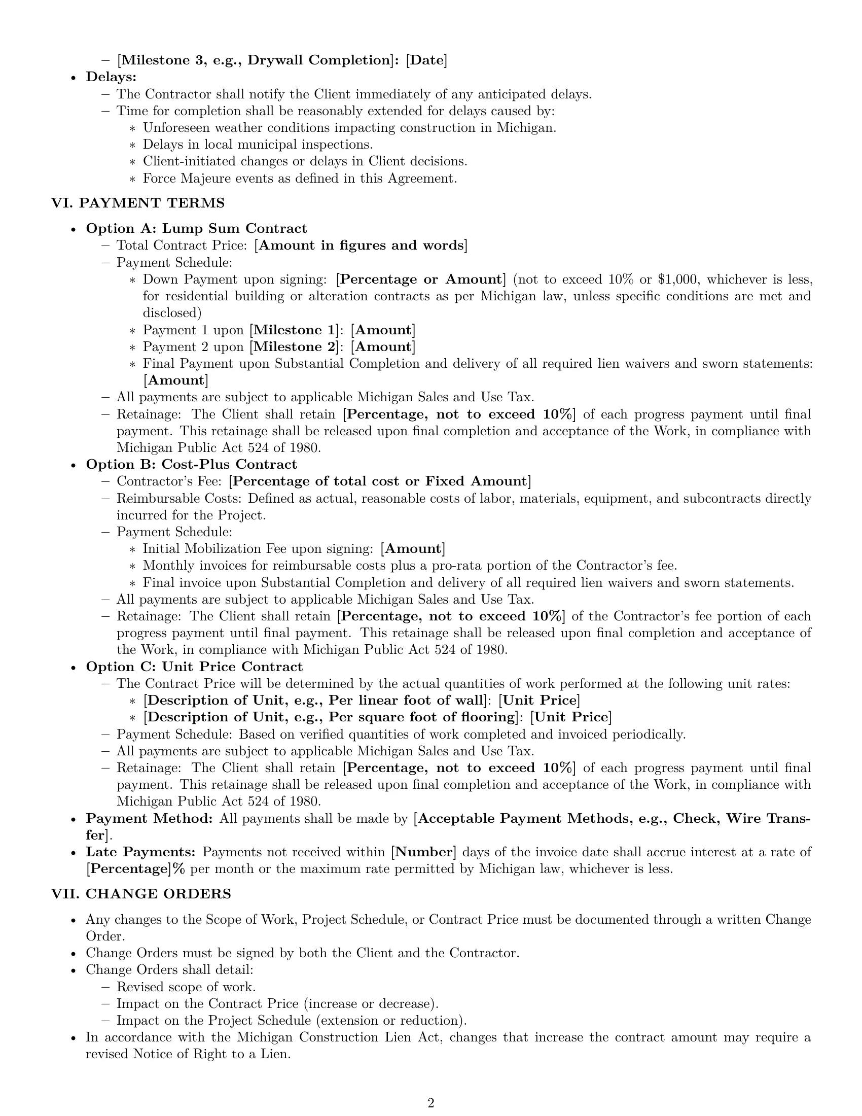 Preview page 2 of Pro Michigan construction service contract template