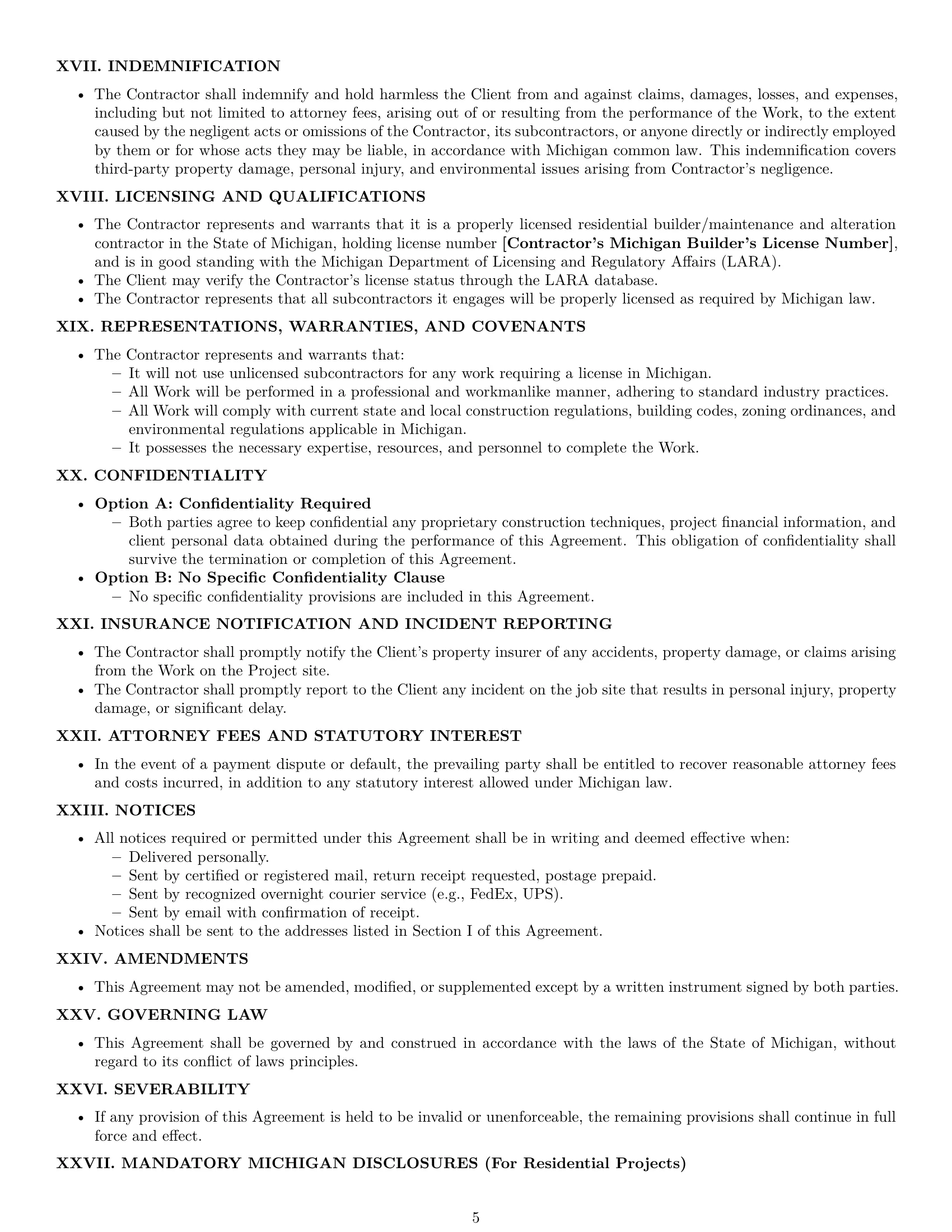Preview page 5 of Pro Michigan construction service contract template