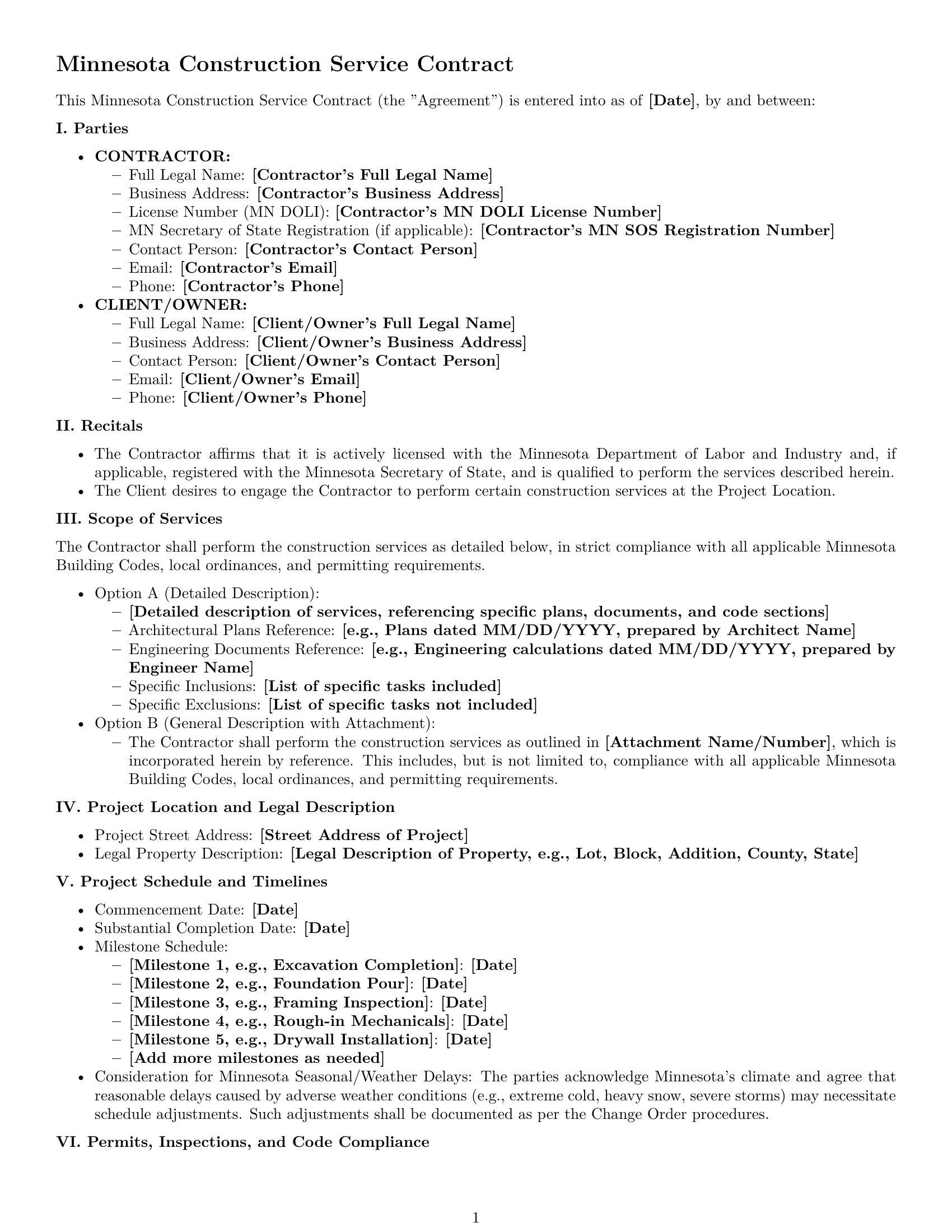 Preview page 1 of Pro Minnesota construction service contract template