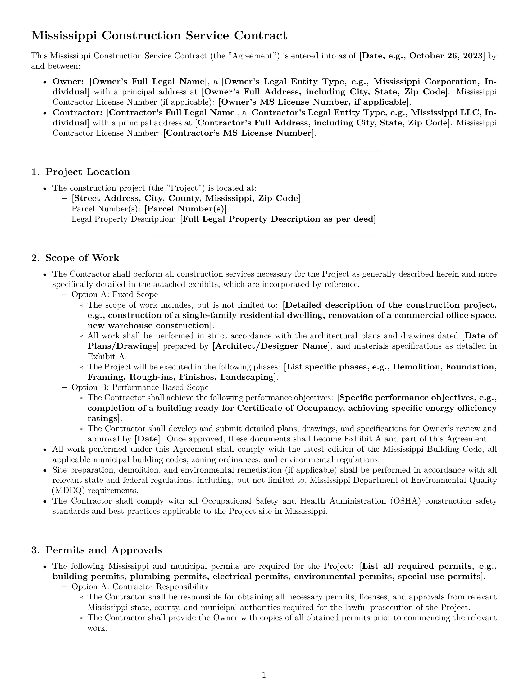 Preview page 1 of Pro Mississippi construction service contract template