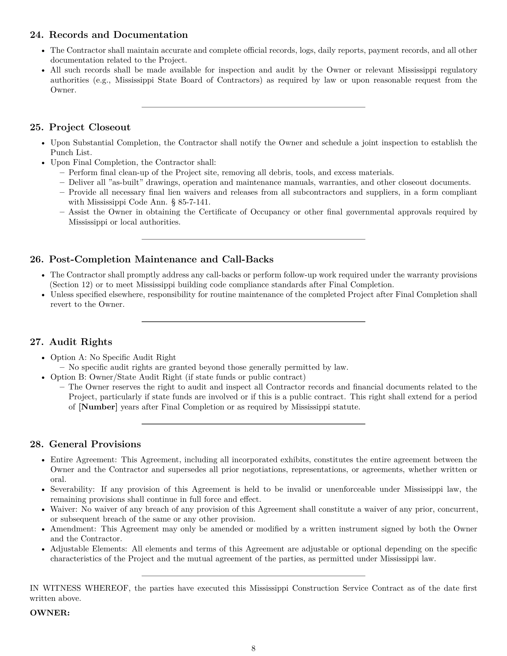 Preview page 8 of Pro Mississippi construction service contract template