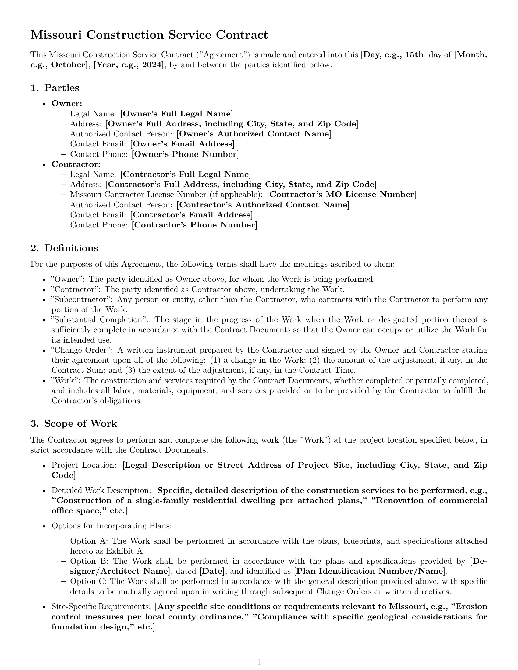 Preview page 1 of Pro Missouri construction service contract template