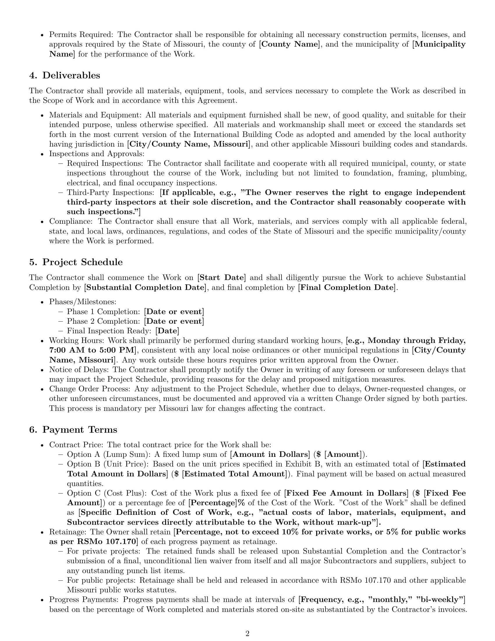 Preview page 2 of Pro Missouri construction service contract template