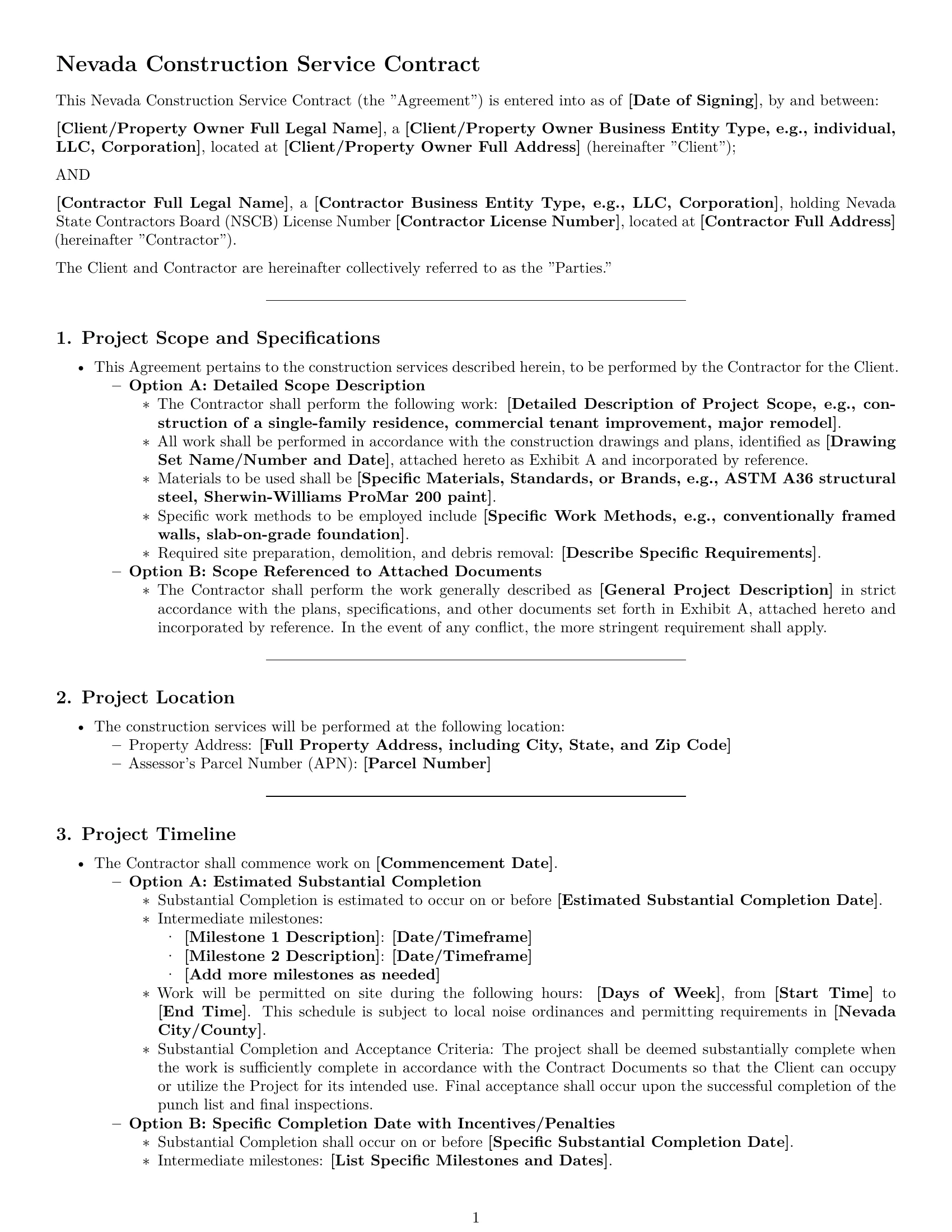 Preview page 1 of Pro Nevada construction service contract template