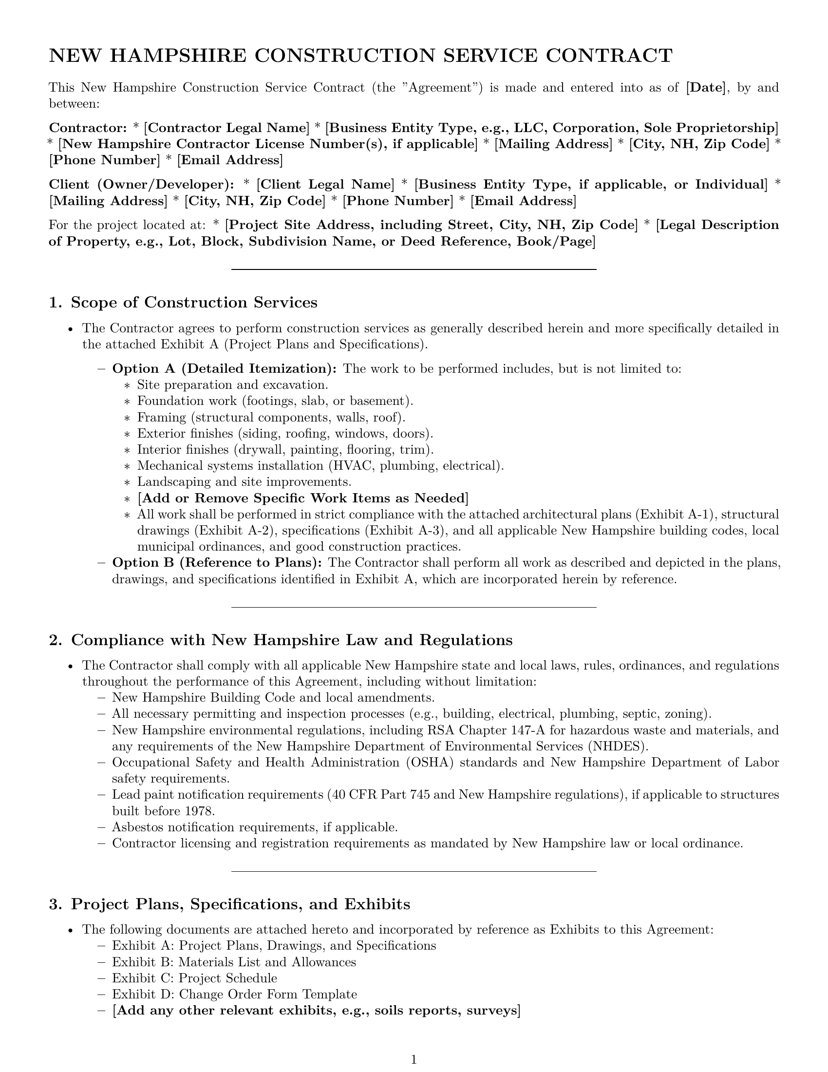 Preview page 1 of Pro New Hampshire construction service contract template