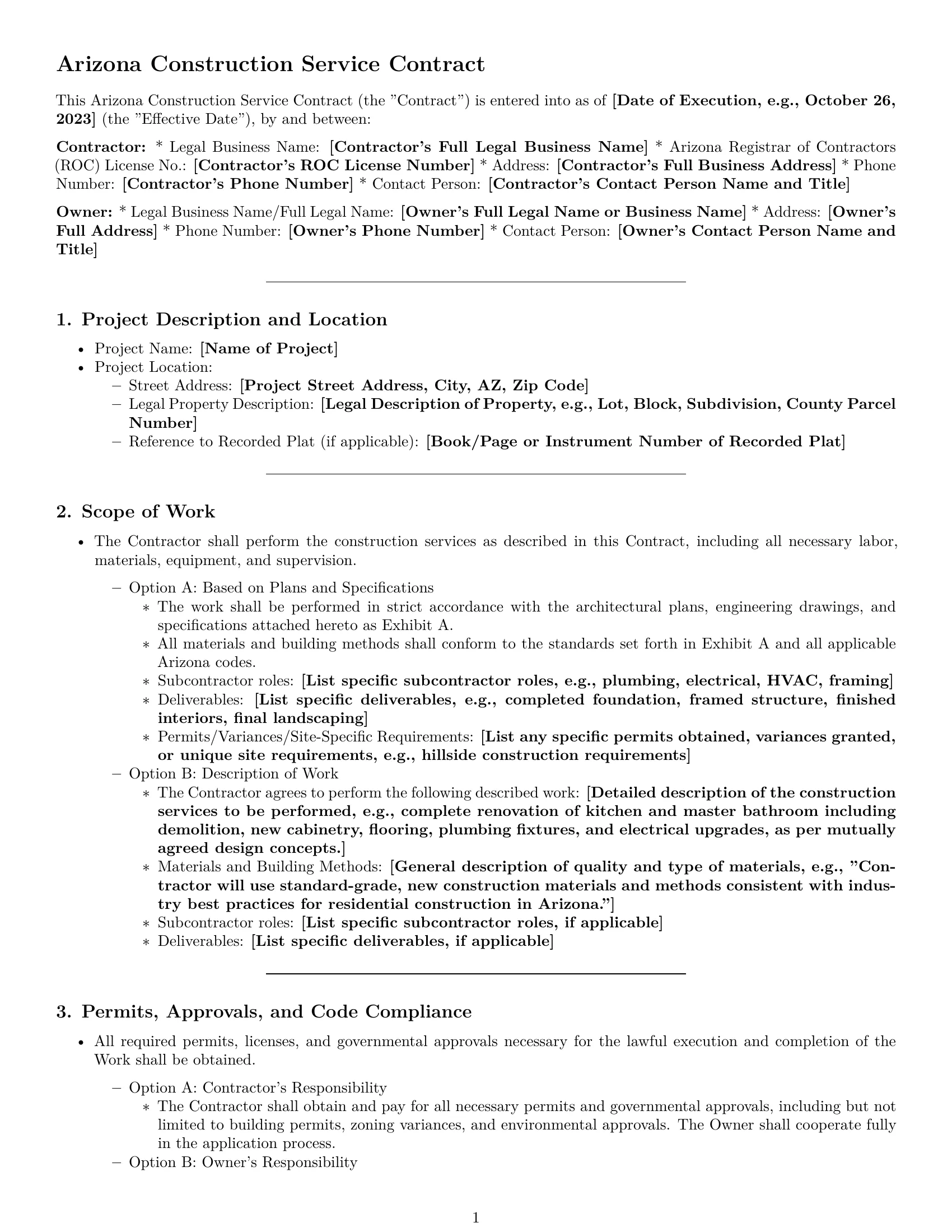 Preview page 1 of Pro Arizona construction service contract template
