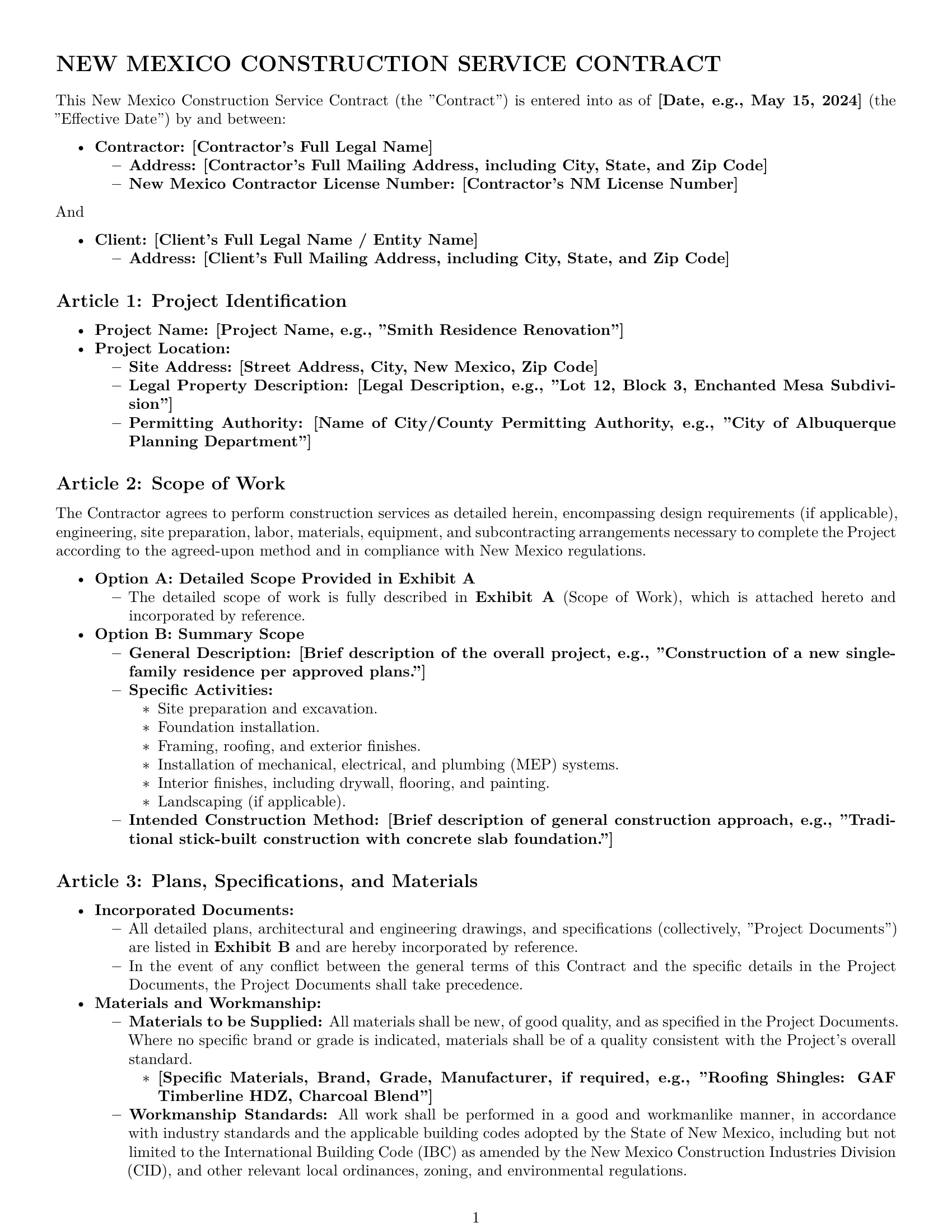 Preview page 1 of Pro New Mexico construction service contract template