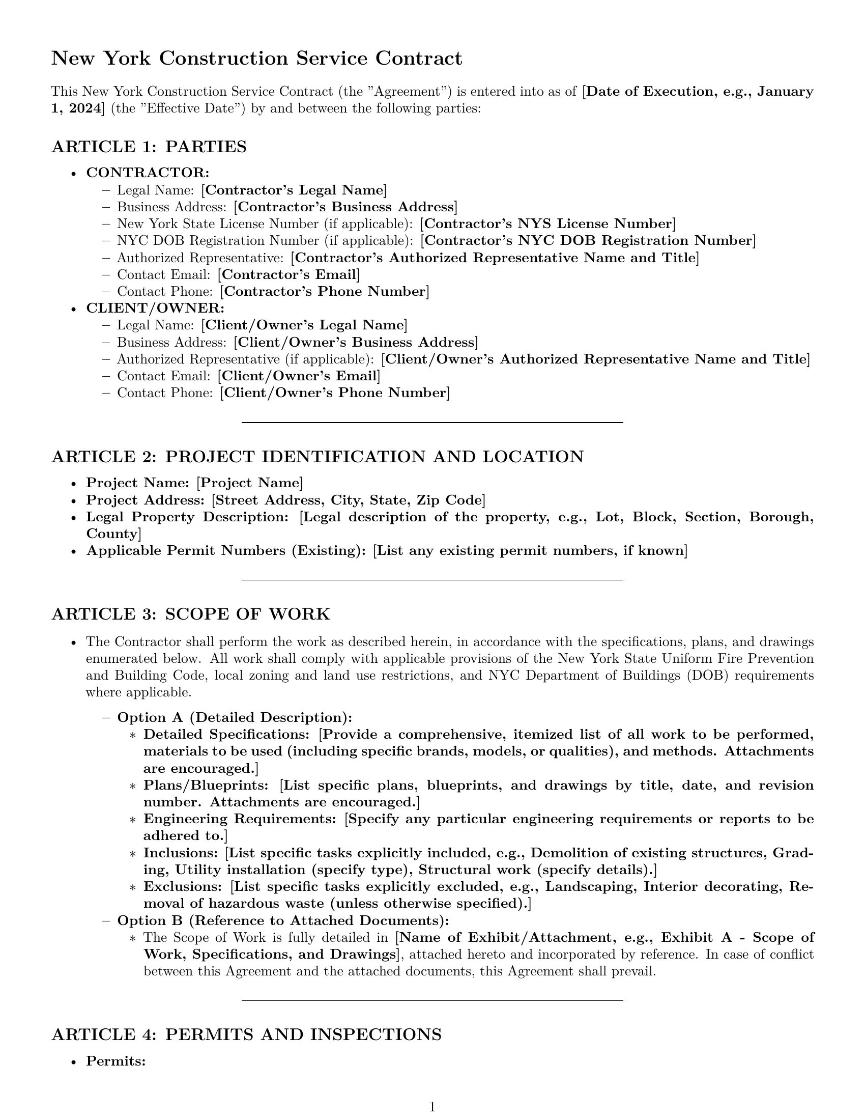 Preview page 1 of Pro New York construction service contract template