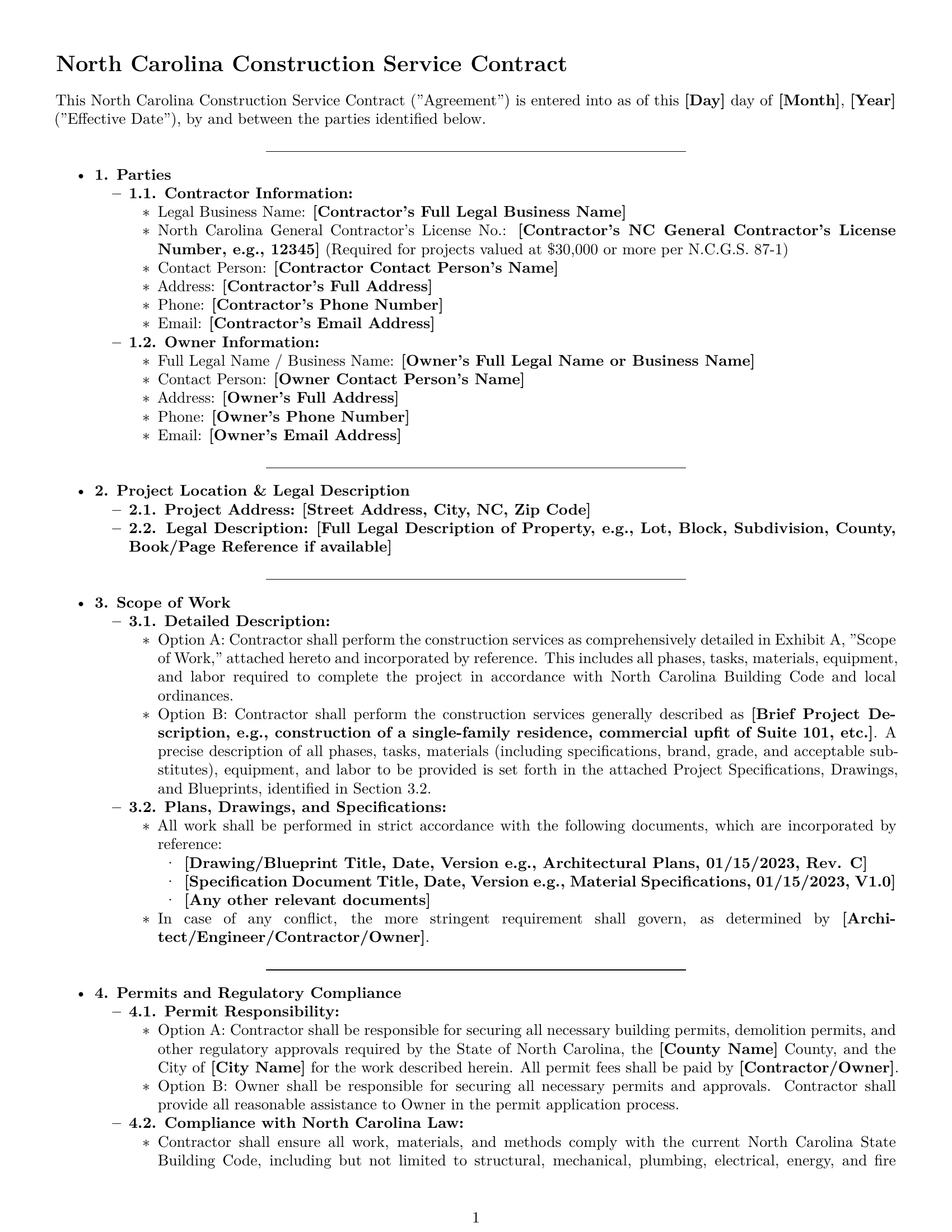 Preview page 1 of Pro North Carolina construction service contract template
