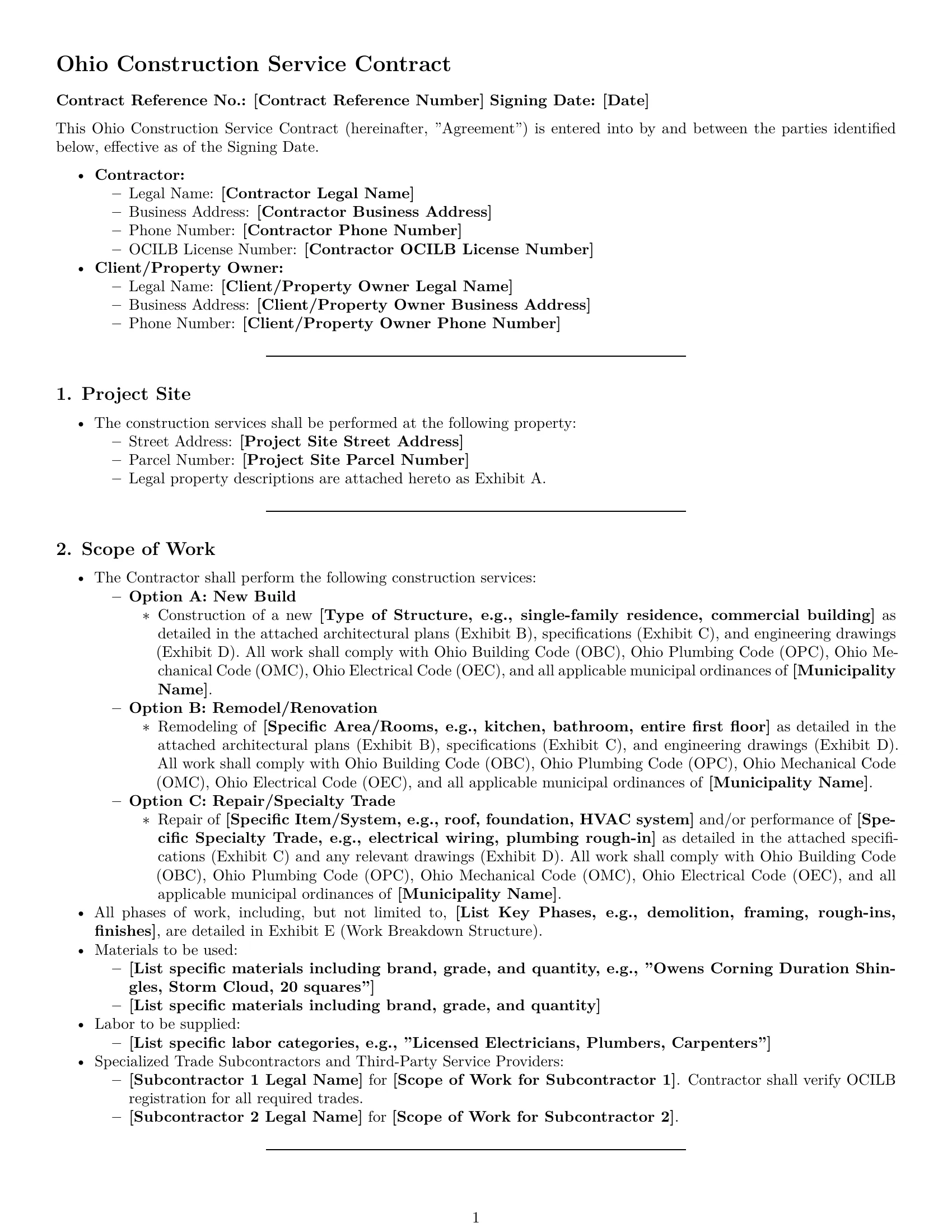 Preview page 1 of Pro Ohio construction service contract template