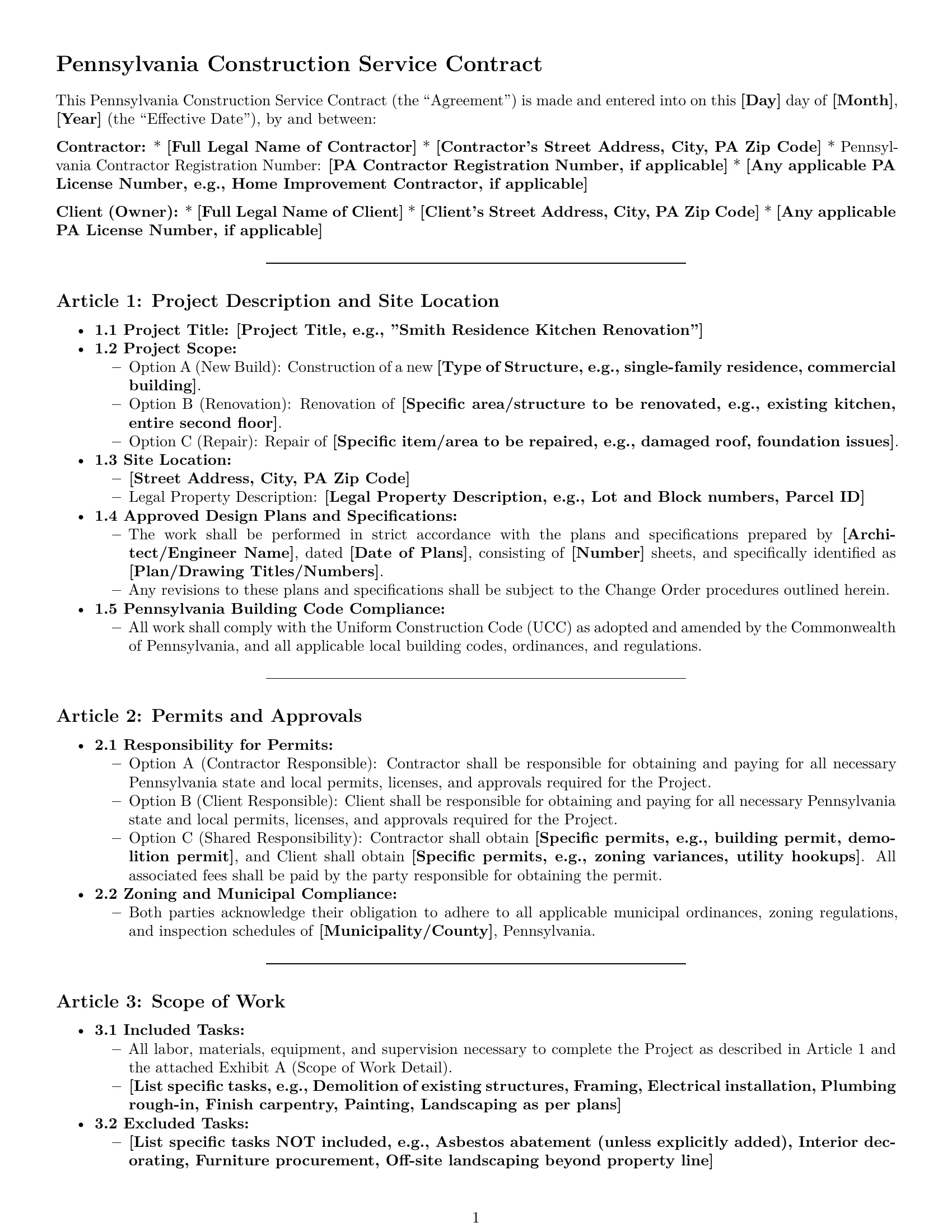 Preview page 1 of Pro Pennsylvania construction service contract template