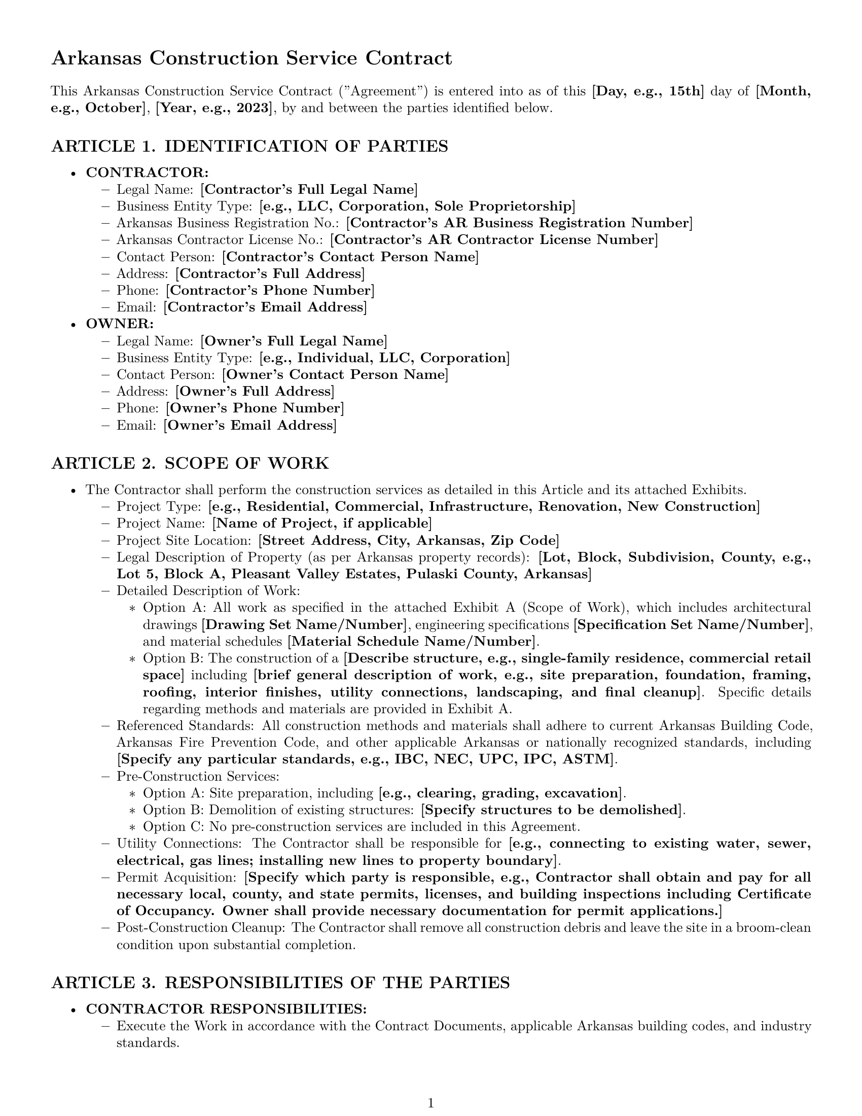 Preview page 1 of Pro Arkansas construction service contract template