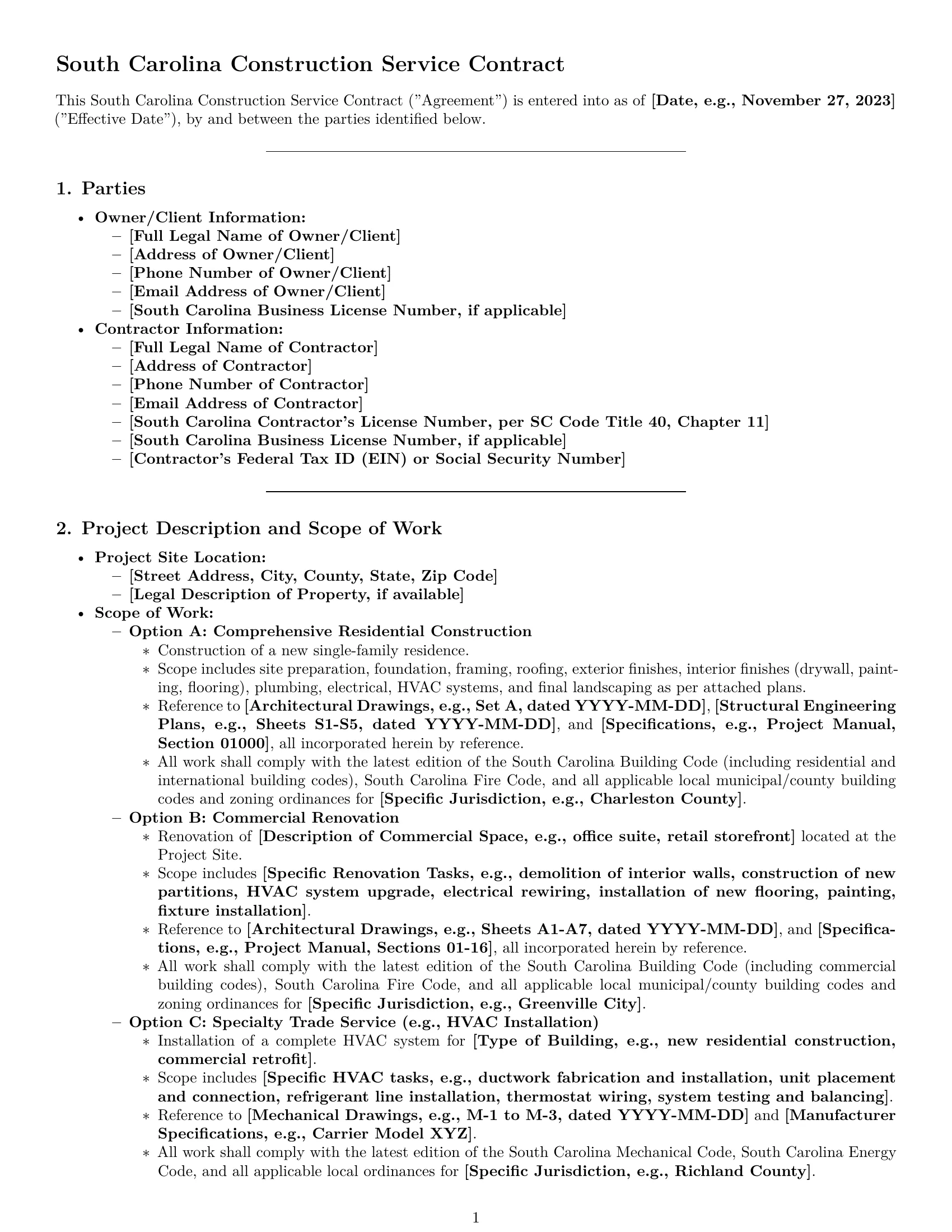 Preview page 1 of Pro South Carolina construction service contract template