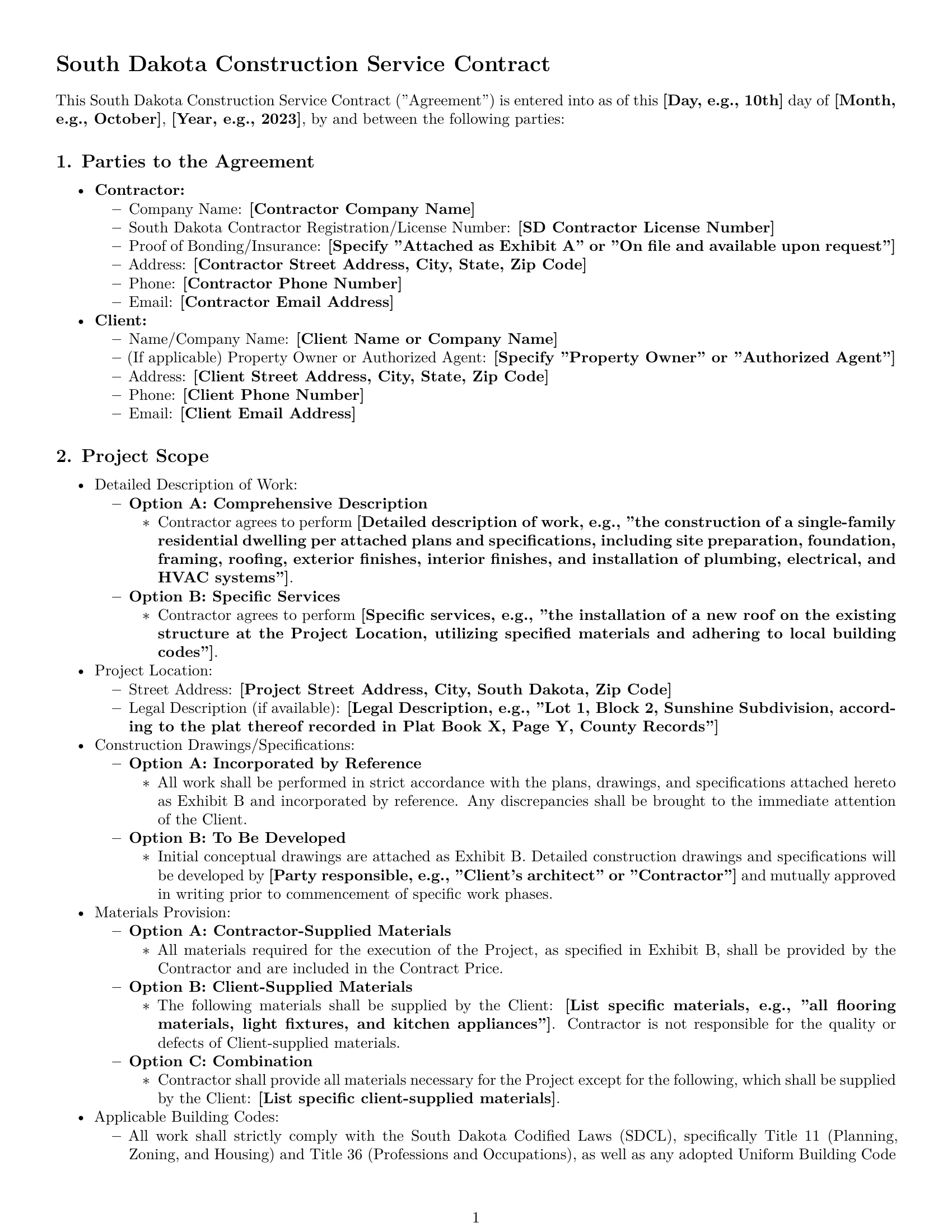 Preview page 1 of Pro South Dakota construction service contract template