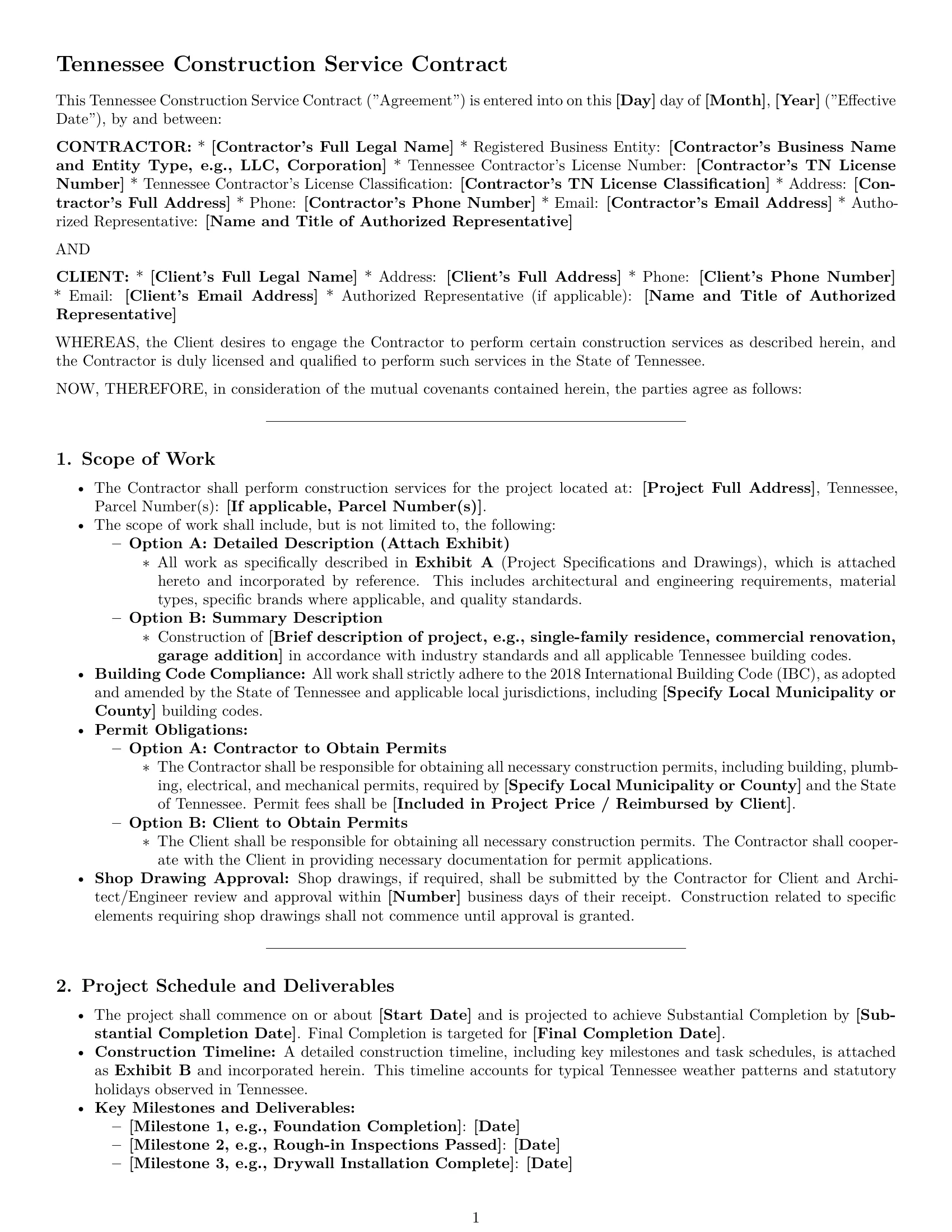 Preview page 1 of Pro Tennessee construction service contract template