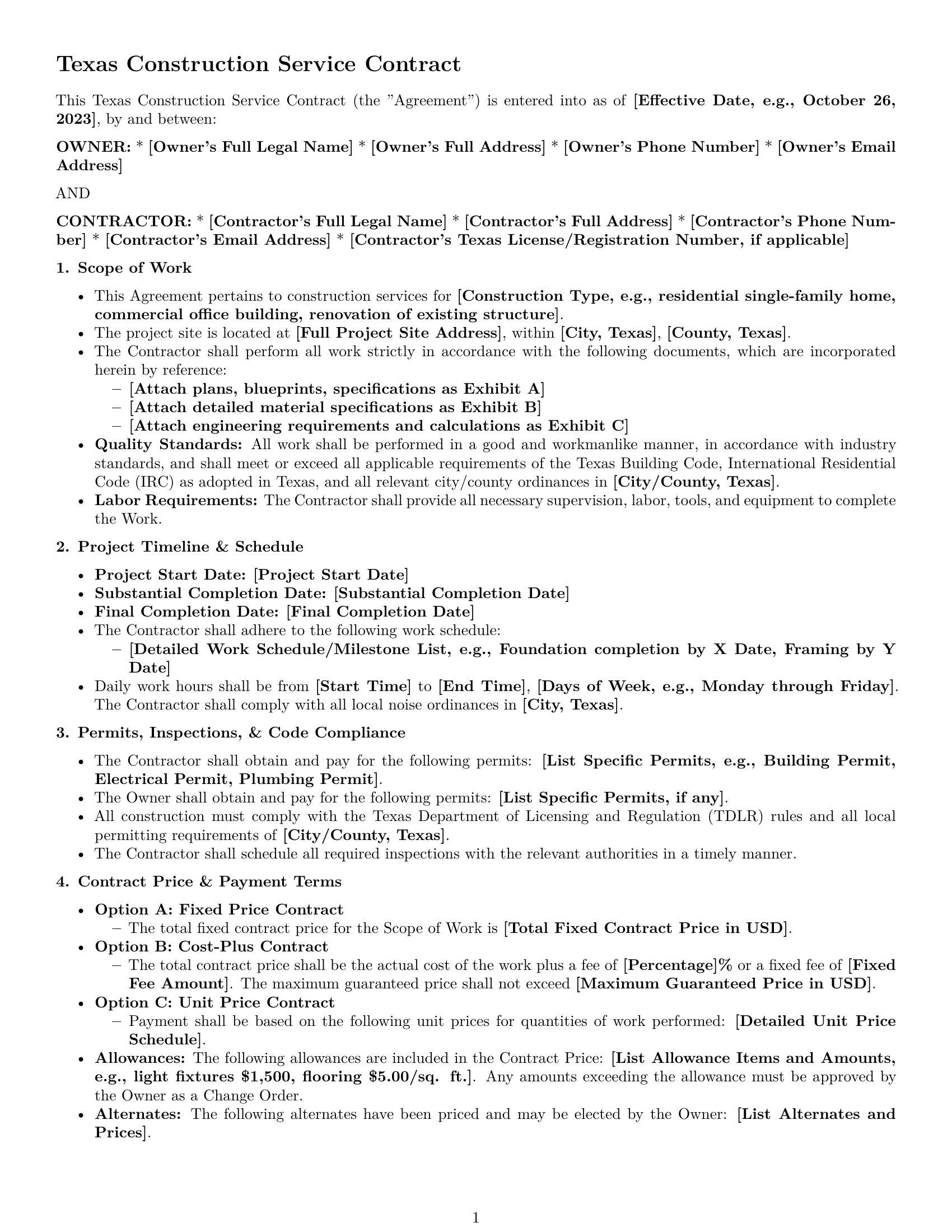 Preview page 1 of Pro Texas construction service contract template