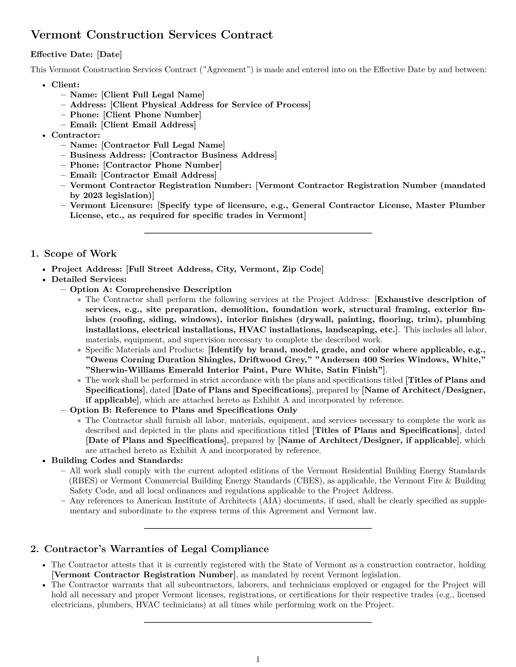 Preview page 1 of Pro Vermont construction service contract template