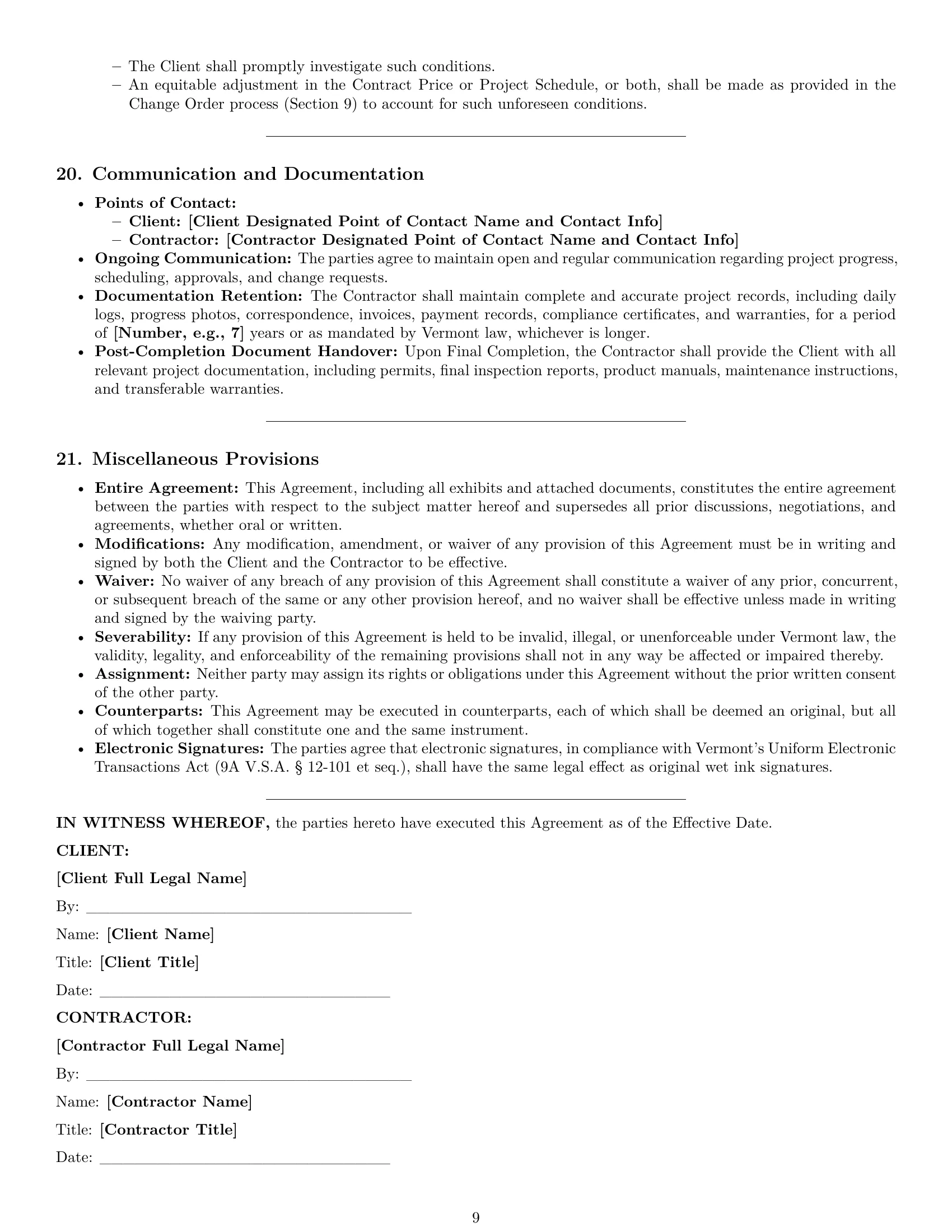 Preview page 9 of Pro Vermont construction service contract template
