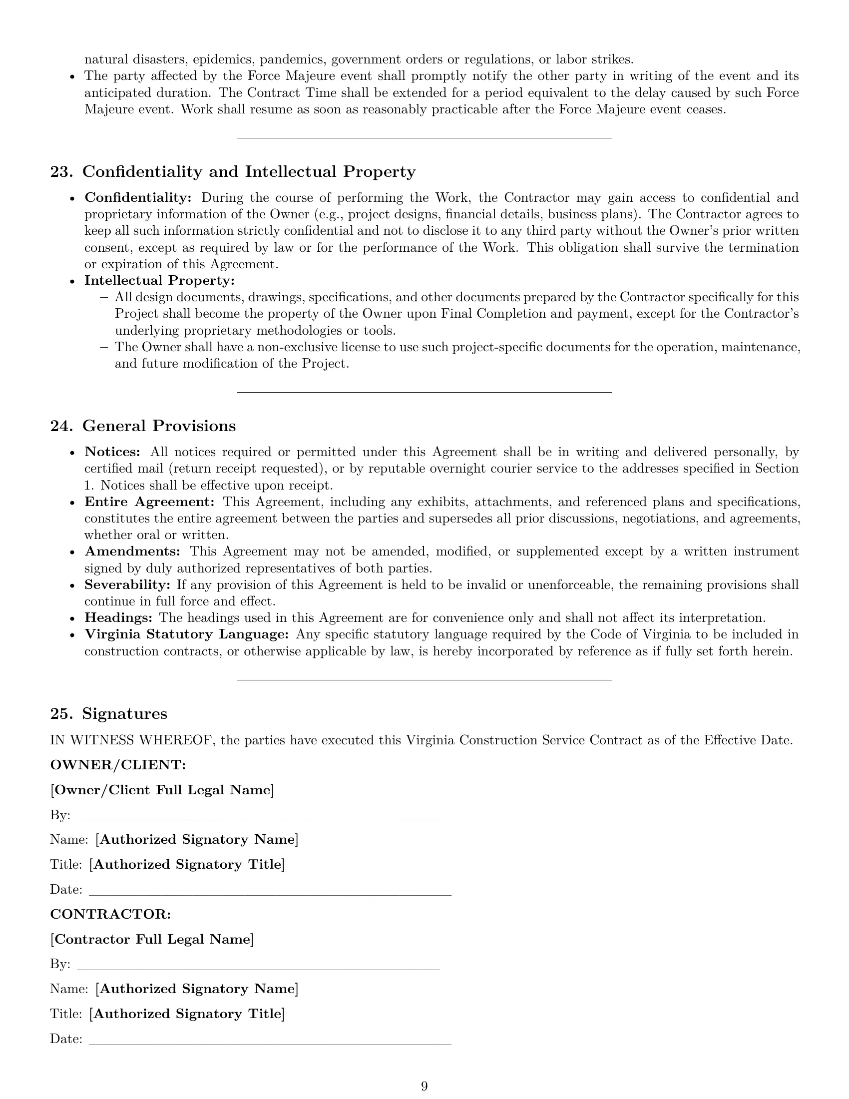 Preview page 9 of Pro Virginia construction service contract template