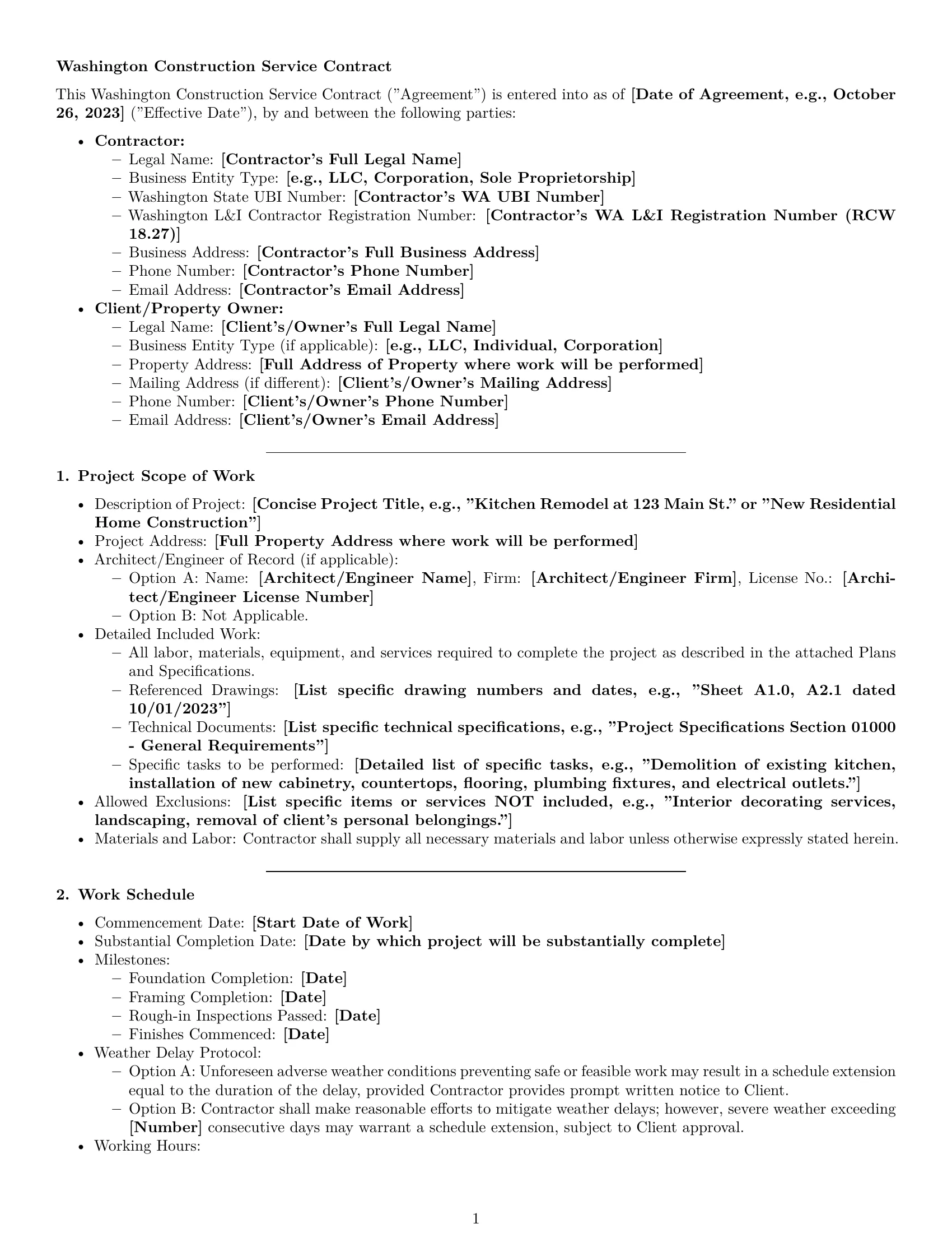 Preview page 1 of Pro Washington construction service contract template